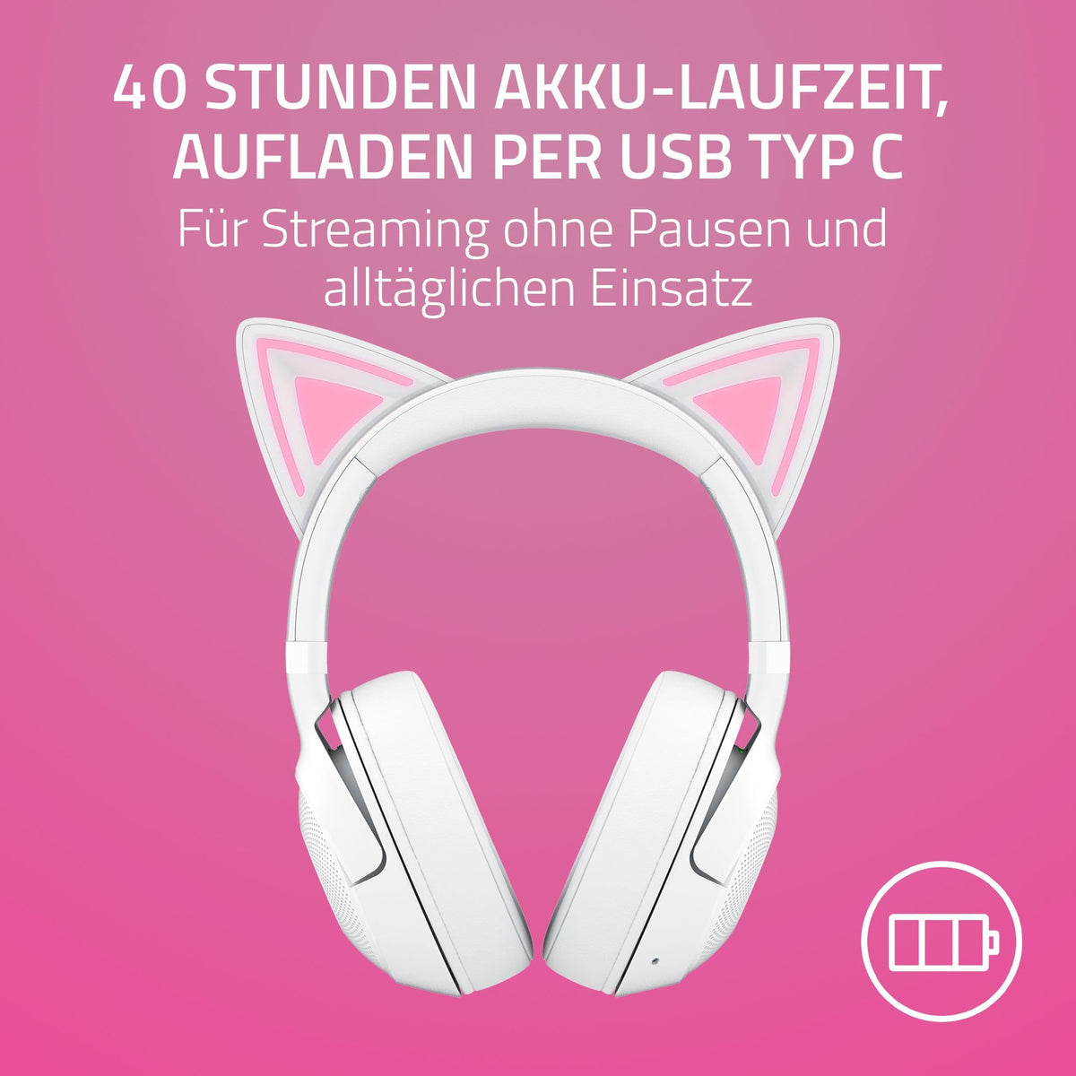 Razer Kraken Kitty V2 BT - Wireless Bluetooth RGB Headset with Kitty Ears for Gaming and Streaming (325g, Triforce 40mm Drivers, Bluetooth 5.2, Noise-Cancelling Mic, 40 Hours Battery Life) White - RZ04-04860600-R3M1