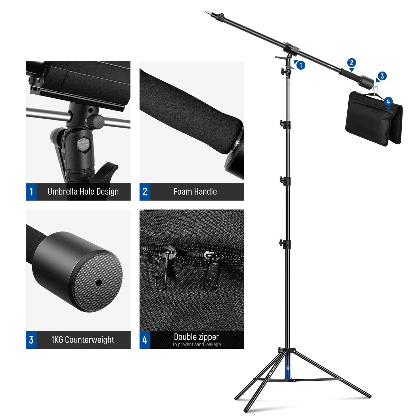 NEEWER Air-cushioned aluminum light stand, 3m adjustable photo tripod with boom arm, counterweight, sandbag, 1/4" screw for softbox, studio light, flash, umbrella, max. load 5kg - 90100462