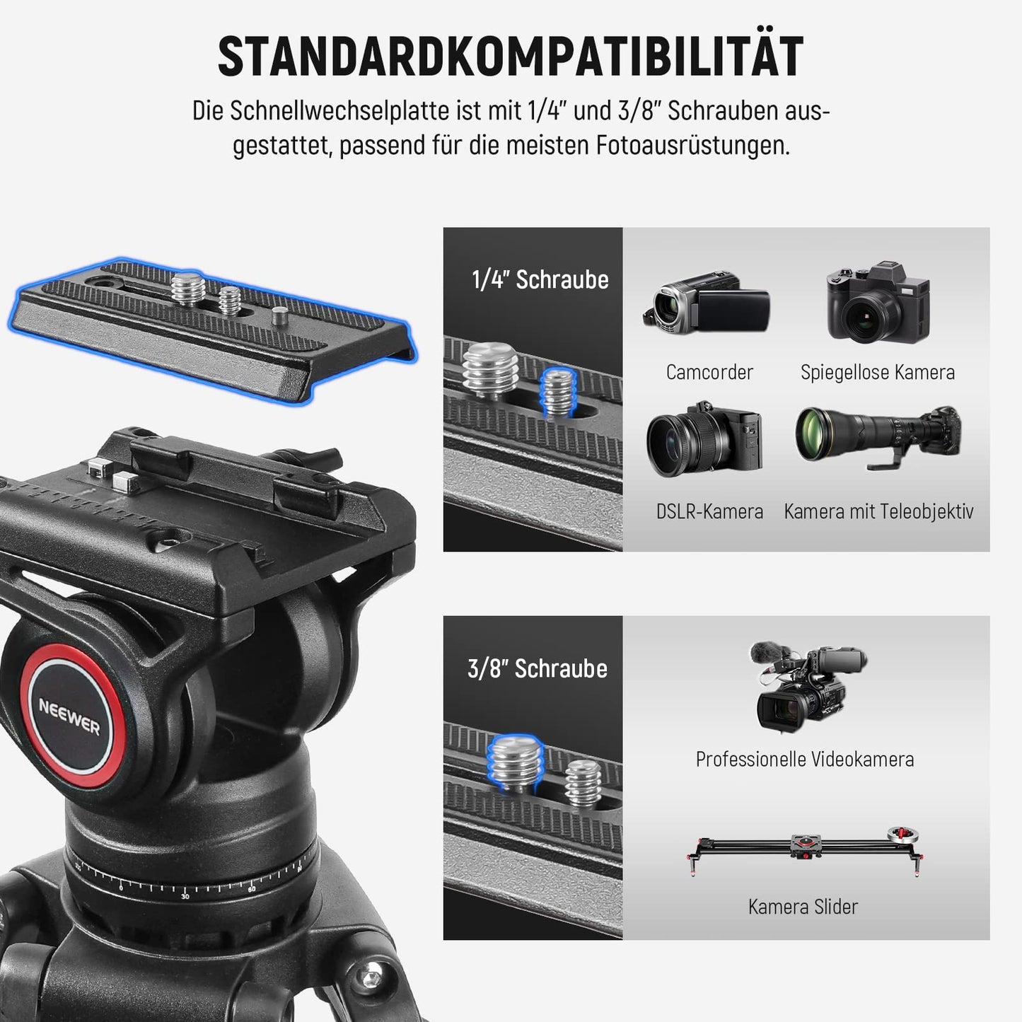 NEEWER 74" Video Tripod with Fluid Head & Damping Control, Aluminum Heavy Duty Camera Tripod Professional with QR Plate for DSLR Camcorder for Video Recording, Cleaning Cloth, Max Load 17.6 lbs, TP74
