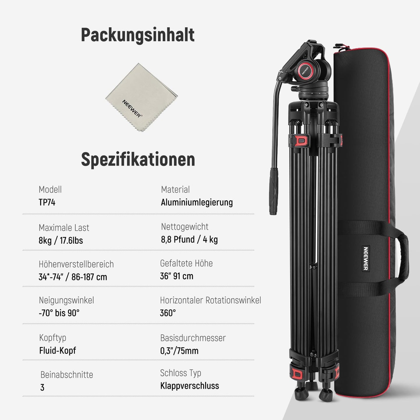 NEEWER 74" Video Tripod with Fluid Head & Damping Control, Aluminum Heavy Duty Camera Tripod Professional with QR Plate for DSLR Camcorder for Video Recording, Cleaning Cloth, Max Load 17.6 lbs, TP74