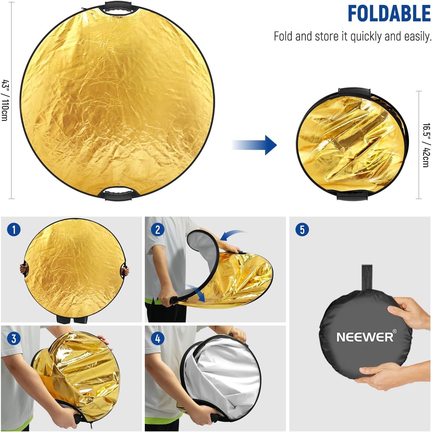 NEEWER 110cm light reflector with clamp and handles, 5 in 1 foldable multi disc photography reflector translucent/silver/gold/white/black with 3/8" thread for studio outdoor lighting, RF-110II - 90101292