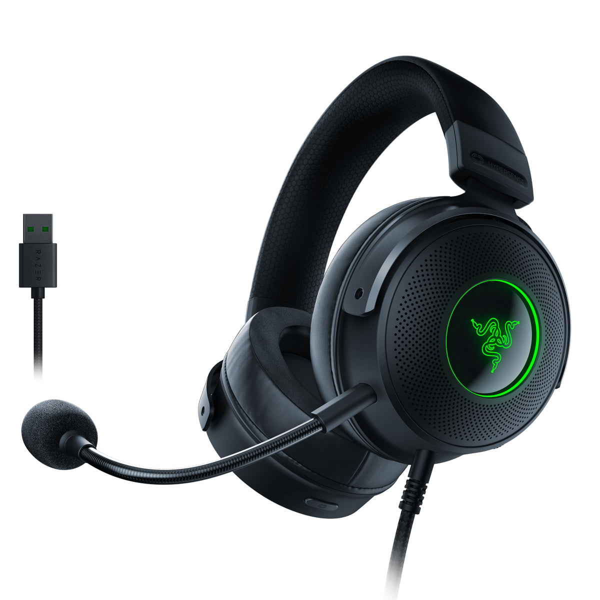 Razer Kraken V3 Hypersense - Căști de gaming USB cu fir, dotate cu tehnologie haptic (driveri TriForce Titanium de 50mm, THX Spatial Audio, microfon cardioid HyperClear detașabil) Negru - RZ04-03770100-R3M1