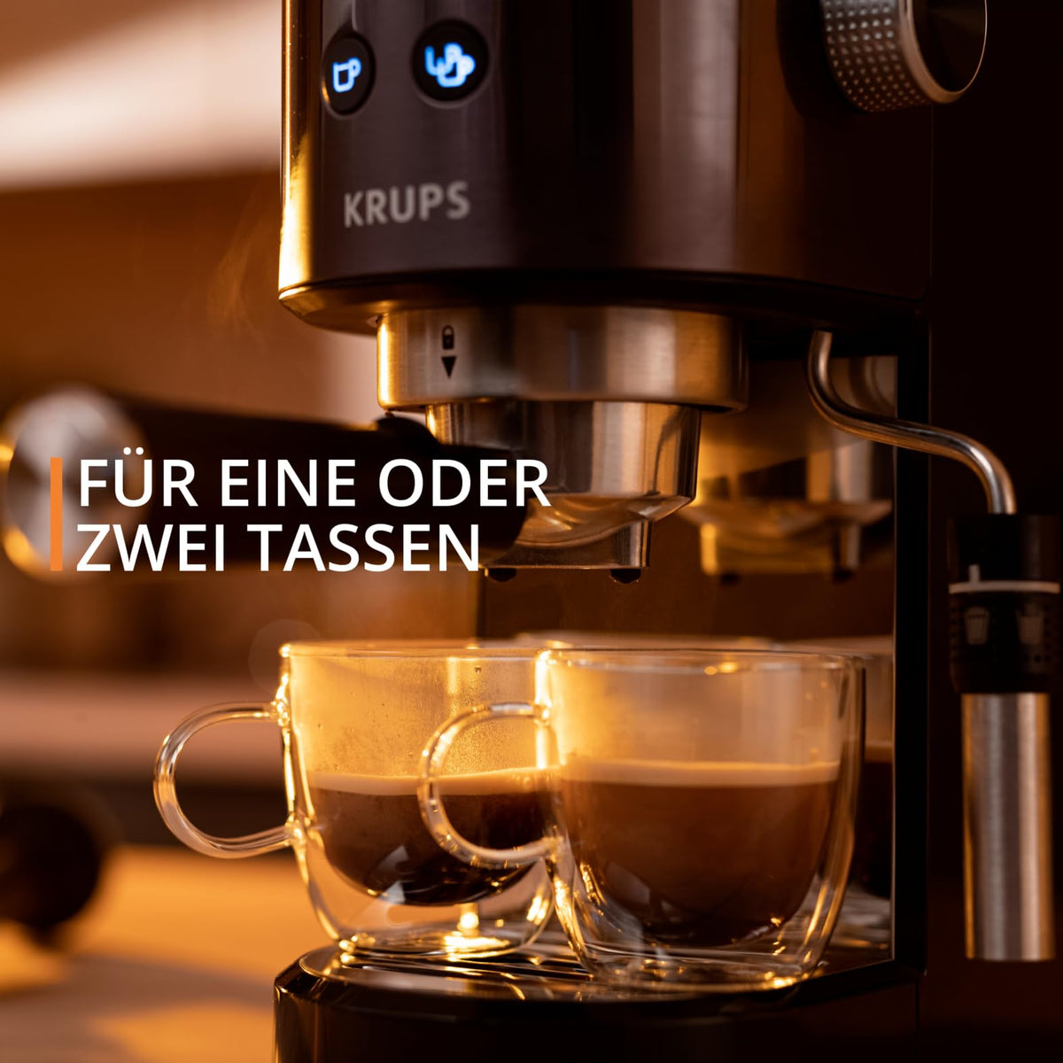 Krups Virtuoso+ Espresso Machine, 15 bar pump pressure, 3 crema filters, stainless steel steam nozzle, intuitive control panel, rotary knob, including dosing spoon and tamper, Black/Stainless Steel, XP444G