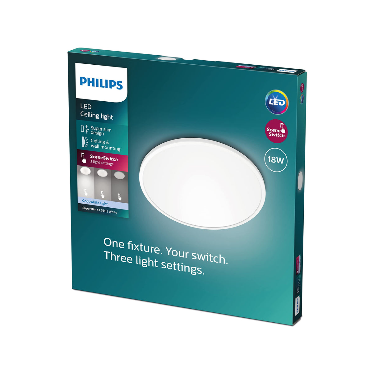 Philips LED SceneSwitch Ceiling Light (18 W), 3 brightness levels, cool white light, energy-saving room lighting with EyeComfort, white, 30cm - 915005776801