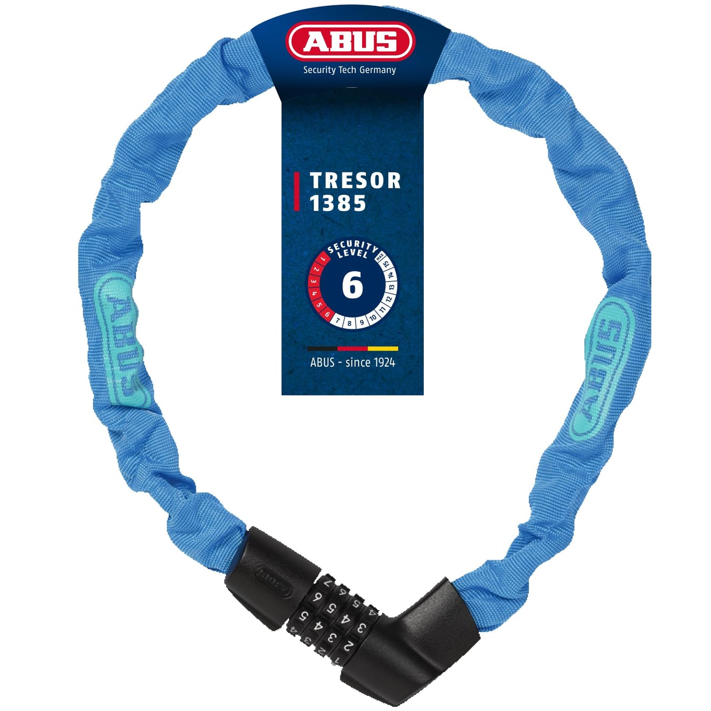 ABUS chain lock Tresor 1385/75 Neon - combination lock made of hardened steel - 6 mm thick square chain - ABUS security level 6 - 75 cm - blue - 71262
