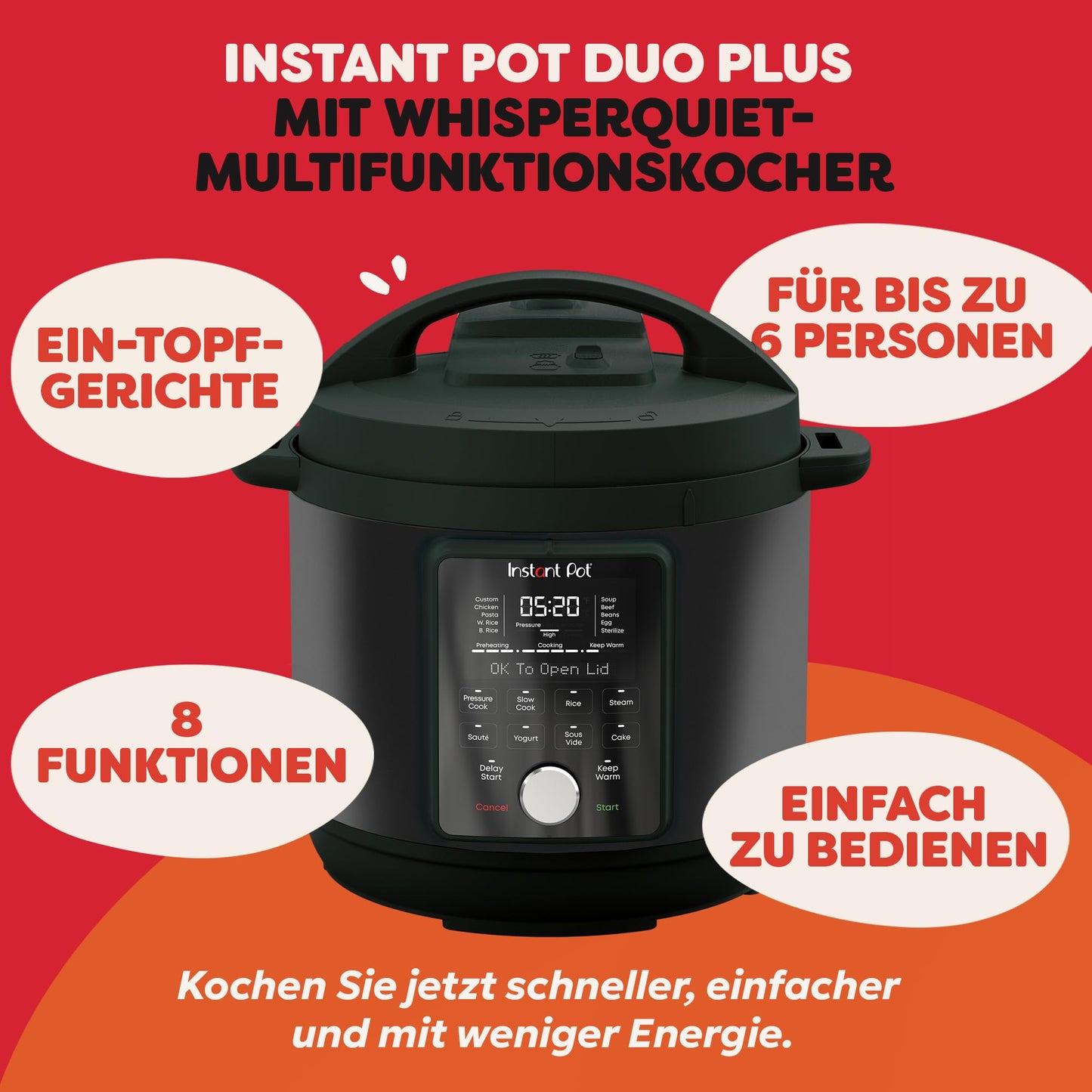 Instant Pot Duo Plus with WhisperQuiet technology, multi-cooker 5.7 L - pressure cooker, slow cooker, rice cooker, sauté pan, yogurt maker, keep warm function, steamer, vacuum cooker, cake baking - DPPC604