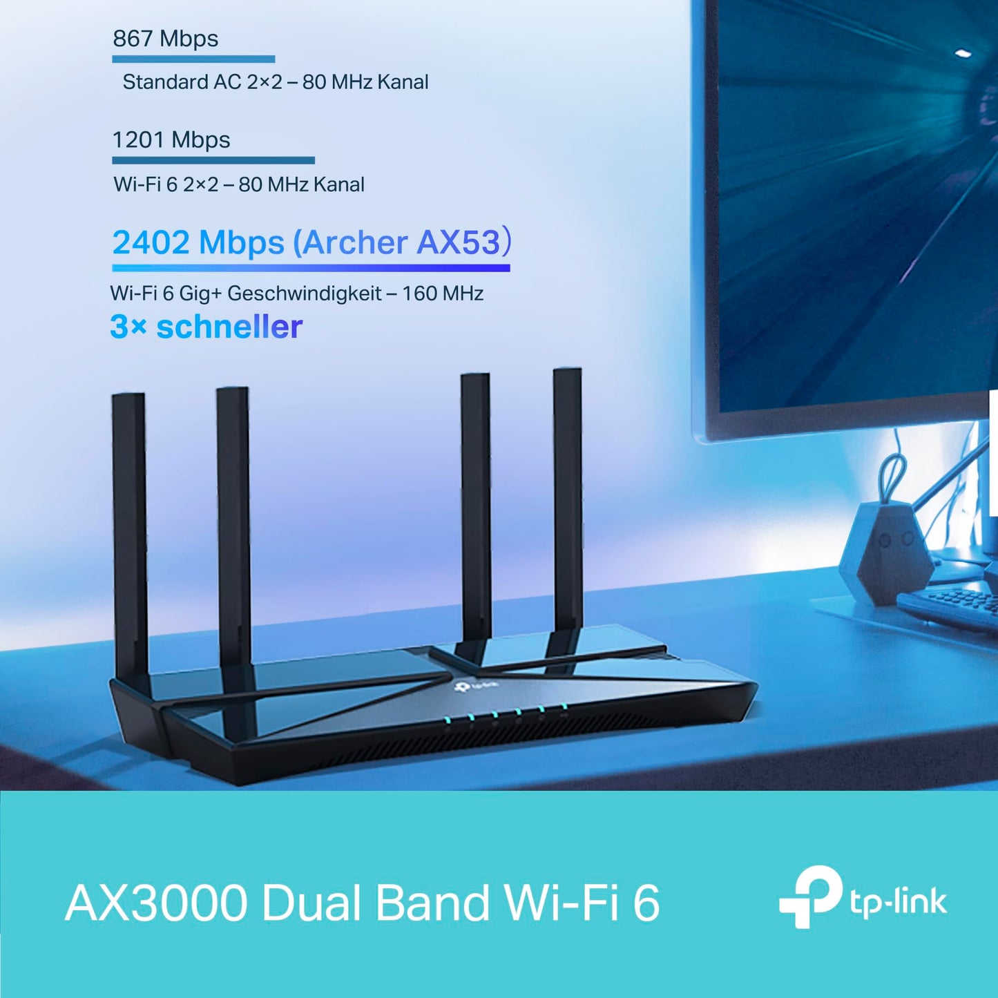 TP-Link Archer AX58 Wi-Fi 6 WLAN router, dual band AX3000, 5 gigabit ports, WPA3, parental controls, guest network, no DSL function