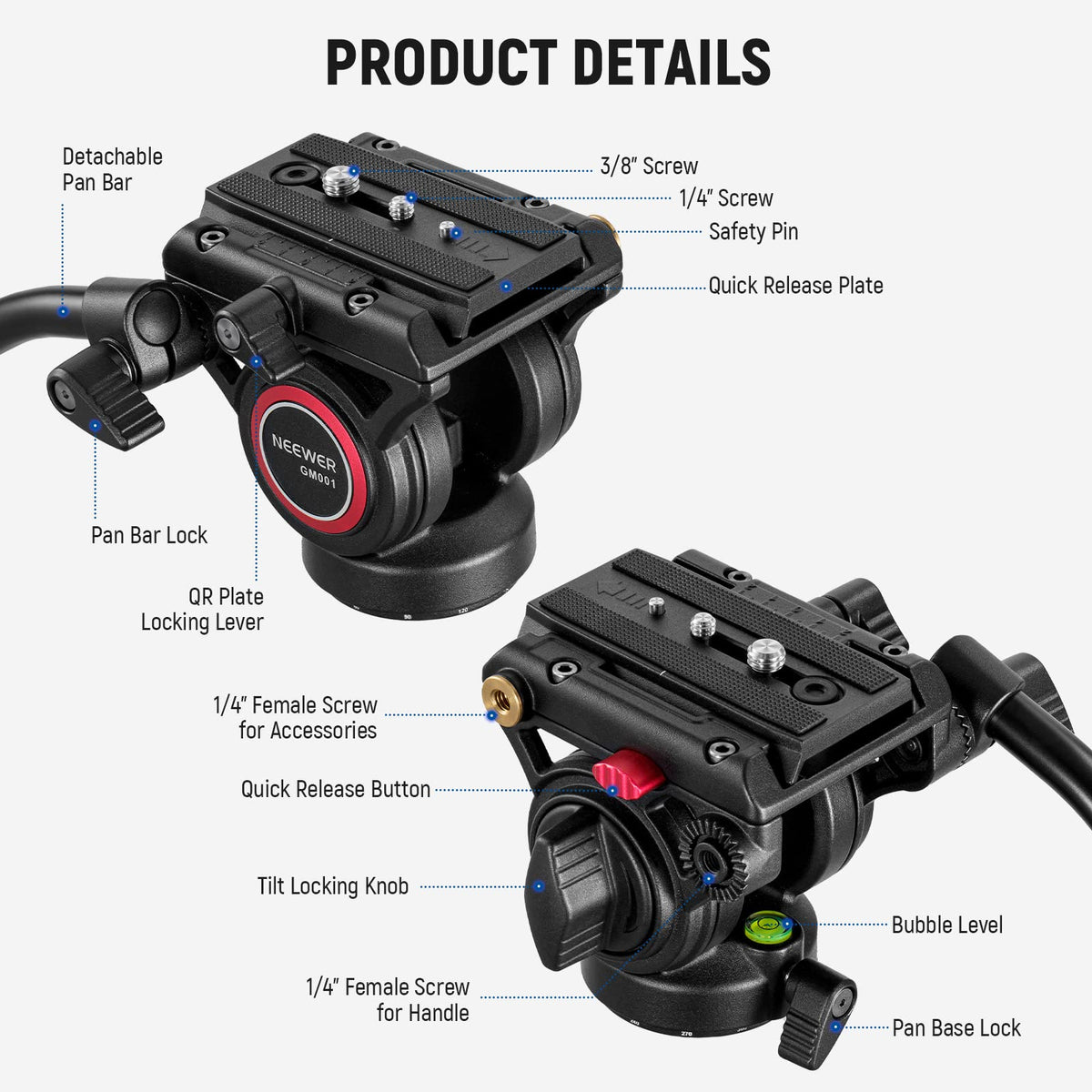 NEEWER Video Tripod Fluid Head with Quick Release Plate, compatible with Manfrotto, telescopic handle & panorama scaled base (⌀55mm), max. load 13.2lb/6kg, high load capacity for DSLR video cameras, GM001