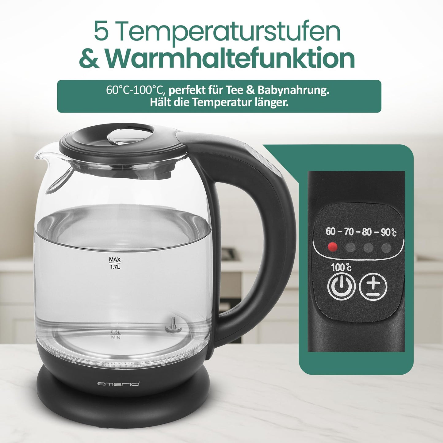 EMERIO kettle | TEST WINNER Home & Garden Test 02/2019 | made of high-quality borosilicate glass | with temperature selection (60-70-80-90-100°C) | AutoOff & boil-dry protection & warm keeping | 2200W | WK-119255.5