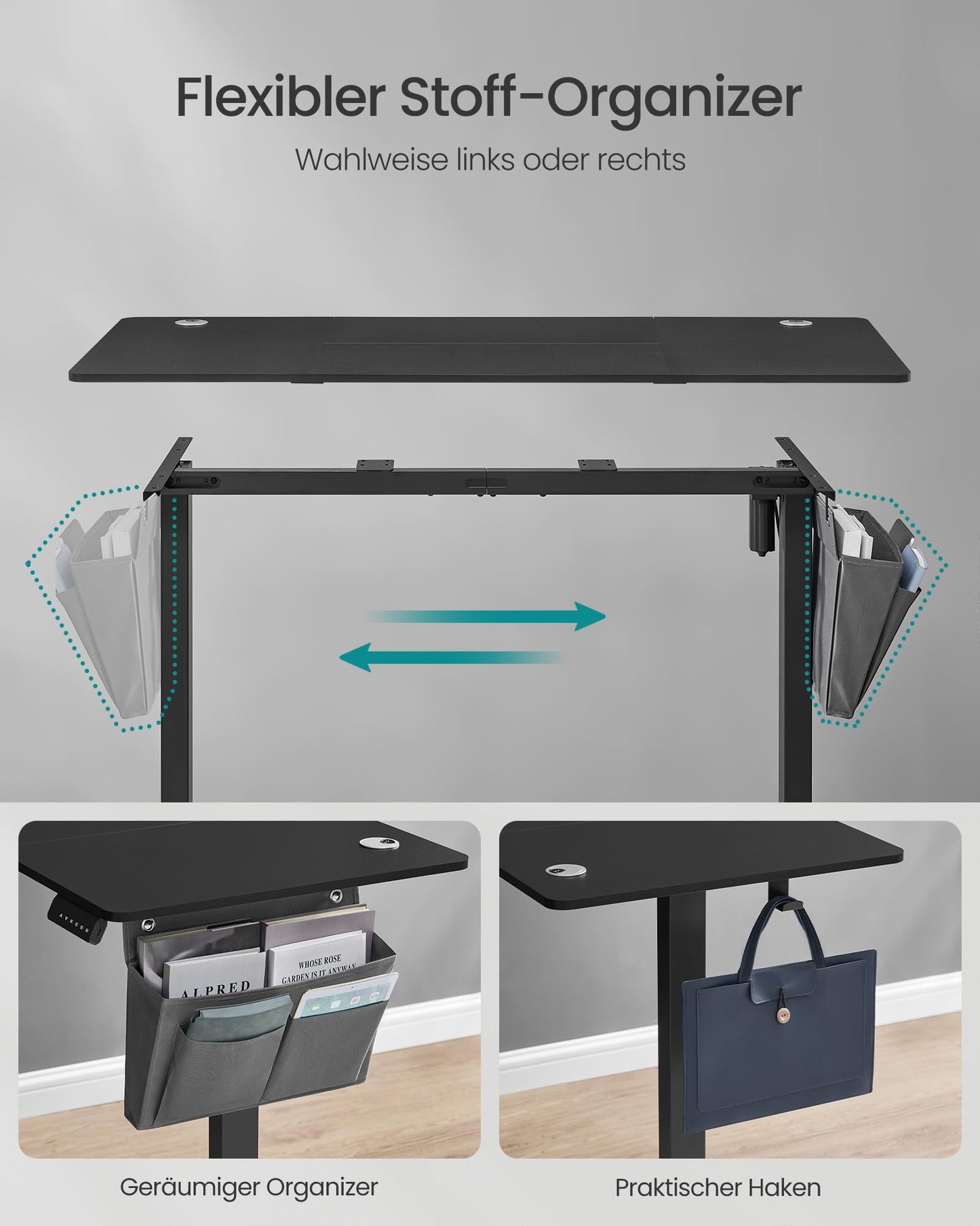 SONGMICS Electric height-adjustable desk, 140 x 60 cm, infinitely adjustable, memory function with 4 heights, ink black LSD134B01