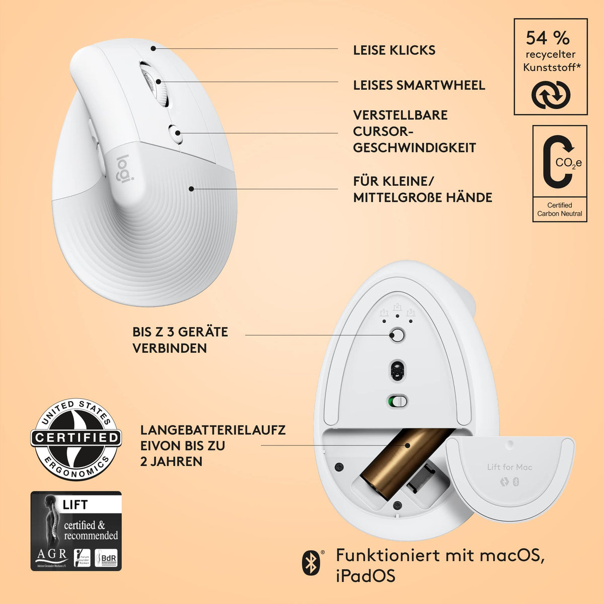 Set Logitech cu tastatura MX Keys Mini pentru Mac și mouse-ul vertical ergonomic Lift pentru Mac – fără fir, Bluetooth, taste cu iluminare de fundal, silențios, compatibil cu macOS/iPadOS/MacBook/iMac/iPad - 910-006473