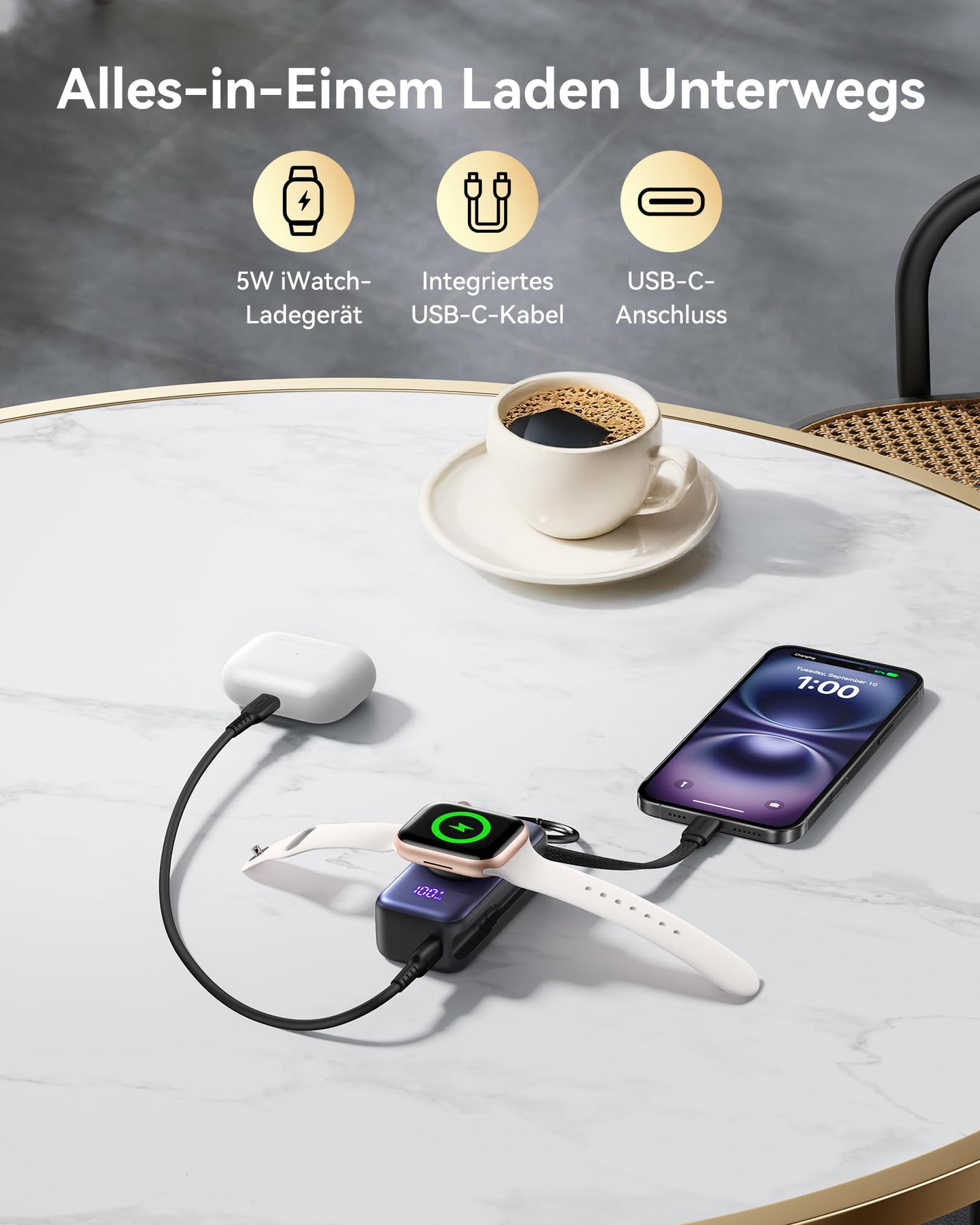 INIU Power Bank for Apple Watch, 5000mAh Power Bank with Built-in Cable, Slim Travel Keychain Battery Pack LCD Display for iWatch 10/9/8/Ultra2/Ultra/SE, iPhone 16/15 Pink - P81