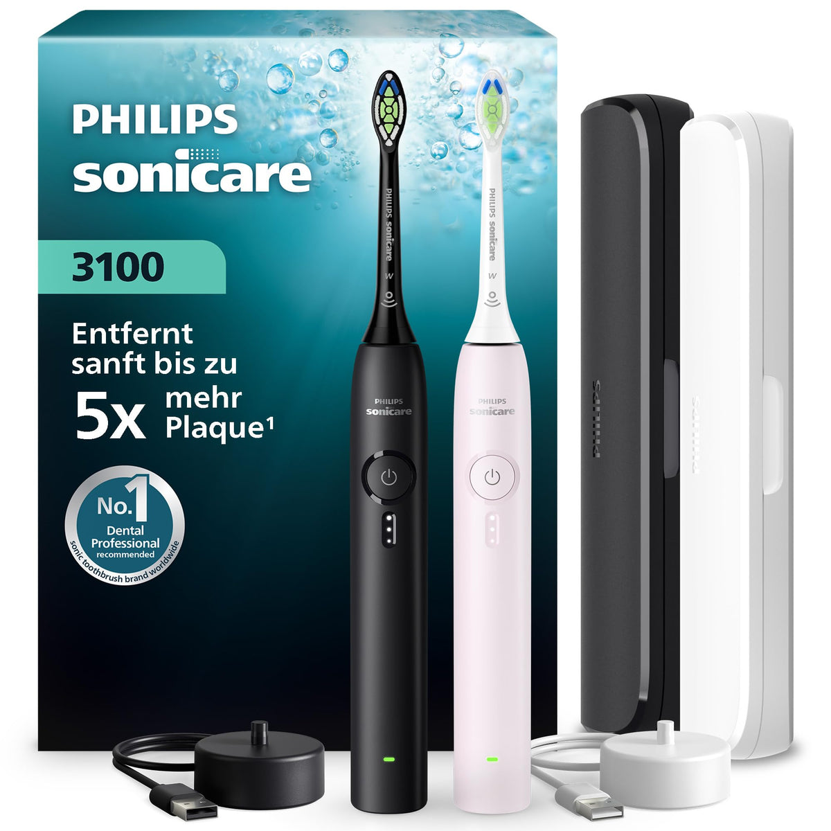 Philips Sonicare Series 3100 Electric Toothbrush – Sonic toothbrush, pressure sensor, 3 intensity settings, EasyStart, SmartTimer, 14 days battery life, travel case, Black & Pink, 2-pack, HX4072/42, [New]