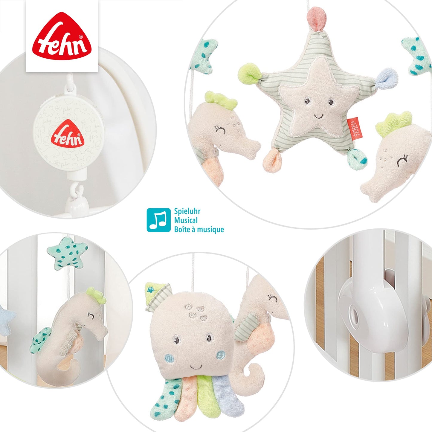 Fehn Music Mobile Sea Children - Baby Sleep Aid Music Toy - Music Box Melody "Sleep Child Sleep" - Music Mobile Baby Bed Accessories Toy for Babies and Newborns from 0-5 Months - 00054118