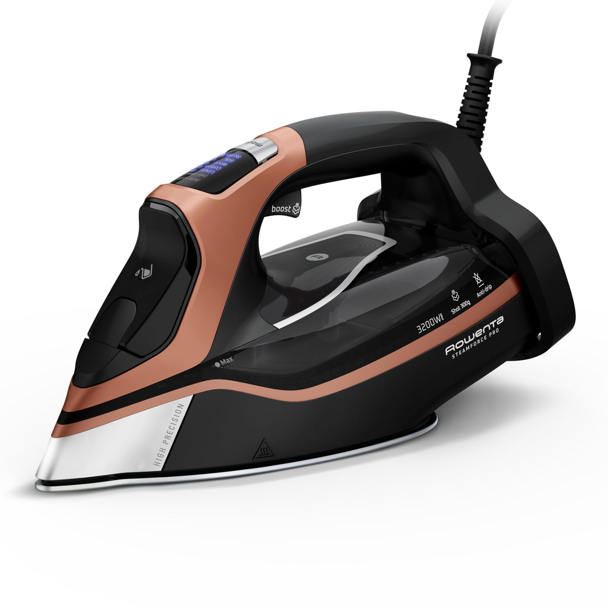 Rowenta Steamforce Pro Fier de călcat cu abur, 3200 W, 75 g/min. eliberare continuă de abur, lovitură de abur extra puternică, rezervor de apă de 350 ml, talpă rezistentă la zgârieturi, sistem anti-calcar, Negru/Cupru, DW9520D1