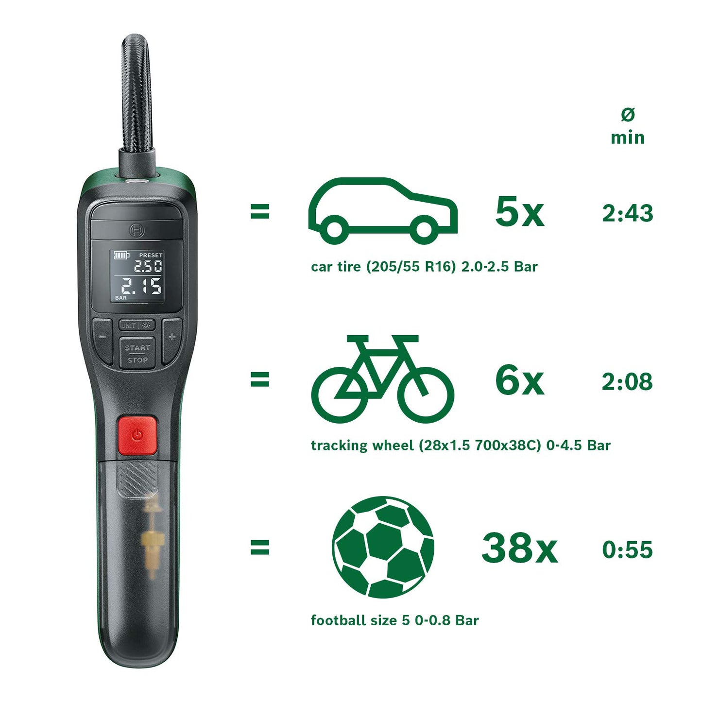 Bosch electric bicycle pump/air pump/mini compressor EasyPump (3.0 Ah battery; 3.6 volts; autostop function; 150 PSI; 10.3 bar; LED; USB-C®; 3x adapter; quick connection plug; bicycle bag) - 0603947002