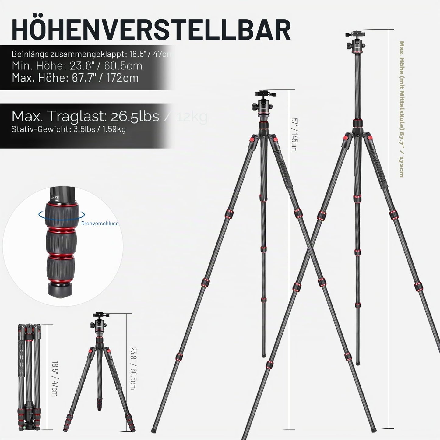 NEEWER 68"/172cm Carbon Tripod Monopod with Center Column, 360° Panorama Ball Head, Arca Type QR Plate, Bag, Compact Lightweight Carbon Fiber Travel Tripod Max Load 26.5lb/12kg, N55C - 10081590@@##1