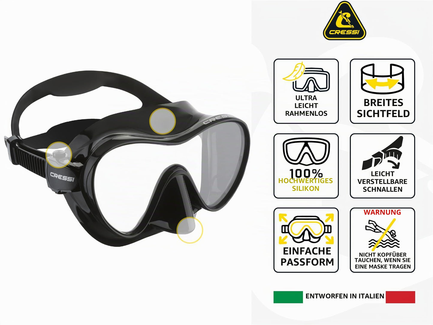 Cressi Frameless diving mask F1 - Fog-free glass lens, diving goggles - Ergonomic silicone edge, snorkel mask - dry snorkel & snorkel set - turquoise - mask - ZDN281025