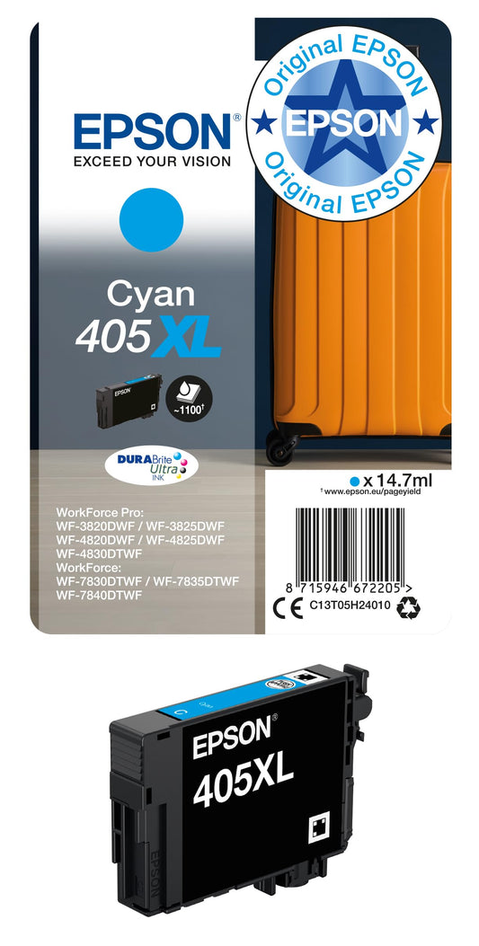 Epson Original 405XL Ink Cartridge Single Pack Cyan XL for WF-3820DWF, WF-3825DWF, WF-4820DWF, WF-4825DWF, WF-4830DTWF, WF-7830DTWF, WF-7835DTWF, WF-7840DTWF. DURABrite Ultra Ink, ReadyPrint Flex Ink Plans. - EPST05H24010
