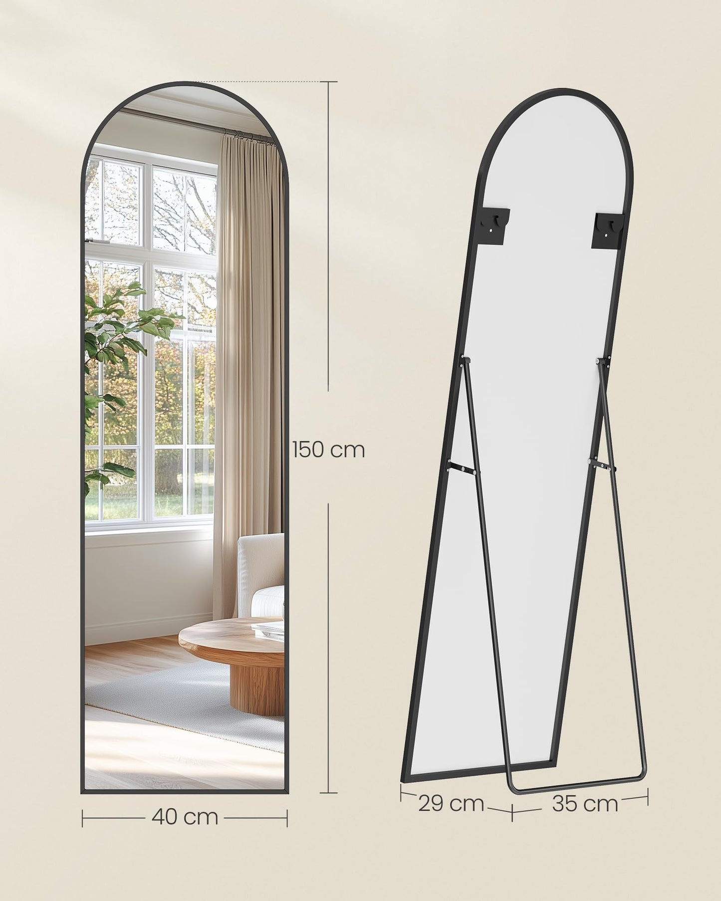 SONGMICS Full Length Mirror 150x40cm Arch Standing Mirror Aluminum Alloy Frame Tempered Glass for Bedroom Living Room Wardrobe Ink Black LFM035B01 - ULFM035B01