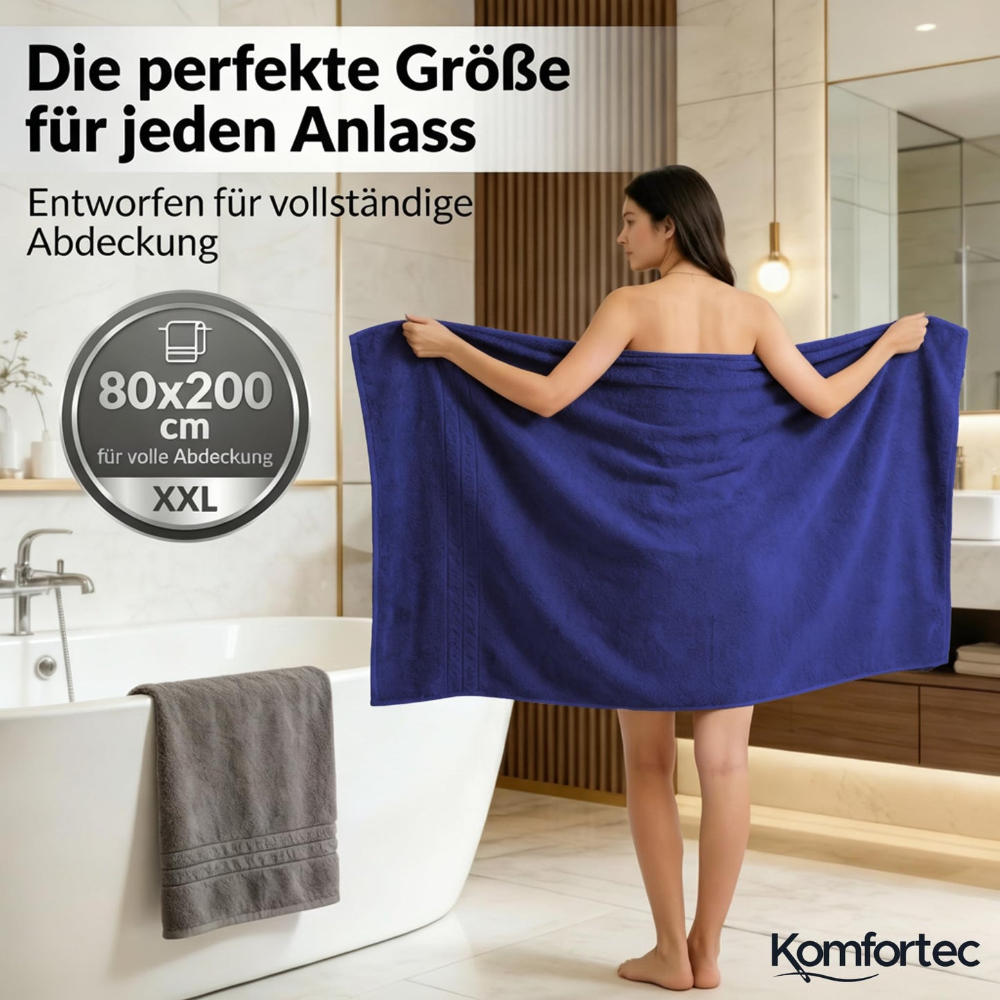 Komfortec 2 sauna towel set 80x200 cm, large sauna towels made of 100% cotton, sauna towels, fluffy and absorbent, quick-drying, anthracite/navy blue - 2er-80x200-anthrazit-navyblau