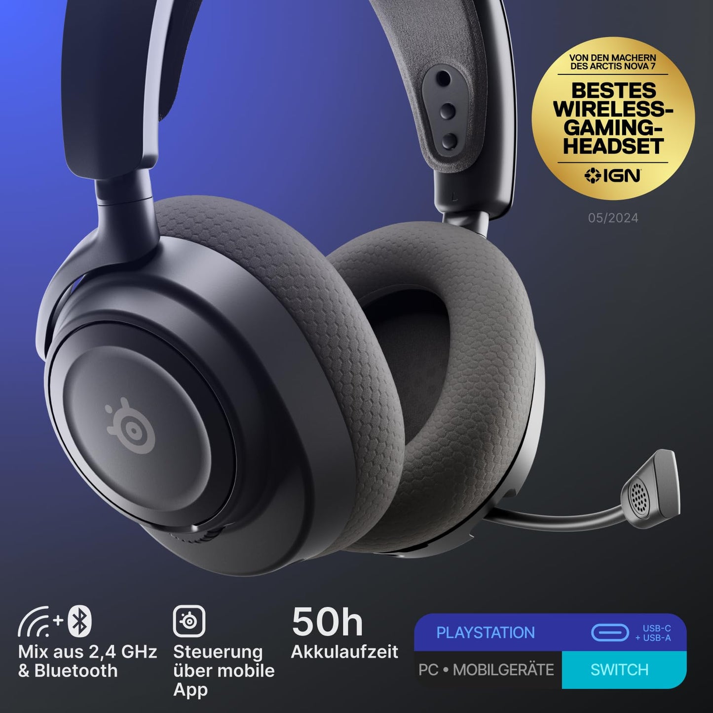 SteelSeries Arctis Nova 7P Wireless Gen 2 - PS5 Headset - Gaming Headset Wireless - App Control - Over 50 Hours Battery & Quick Charge Function - 2.4 GHz + Bluetooth - For PlayStation, PC & More - Black - 61744