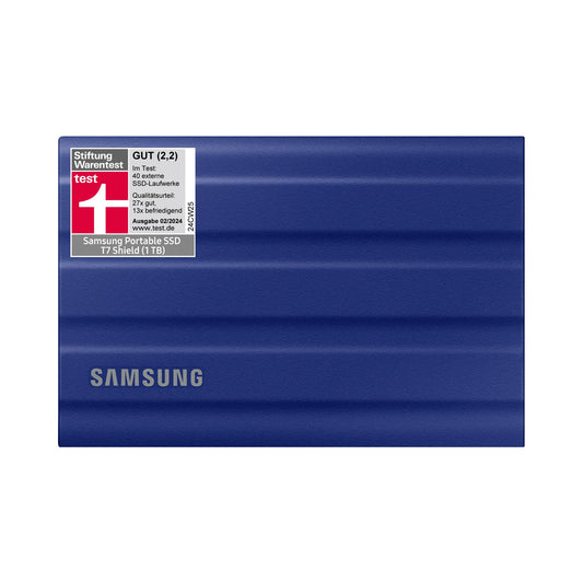 Samsung Portable SSD T7 Shield, 1 TB, USB 3.2 Gen.2, 1,050 MB/s read, 1,000 MB/s write, robust external hard drive outdoor for Mac, PC and smartphone, blue, MU-PE1T0R/EU