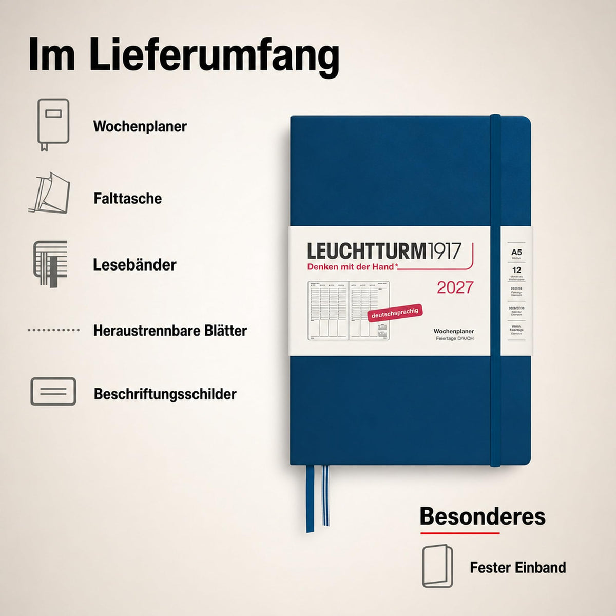 LEUCHTTURM1917 Planificator săptămânal 2027 Medium (A5) - Germană, Indigo, 210 x 145 mm, ianuarie-decembrie (12 luni), prezentare generală săptămânală cu grilă orară 7:00-22:00 per coloană, copertă cartonată, hârtie de 80 g/m² - 400151