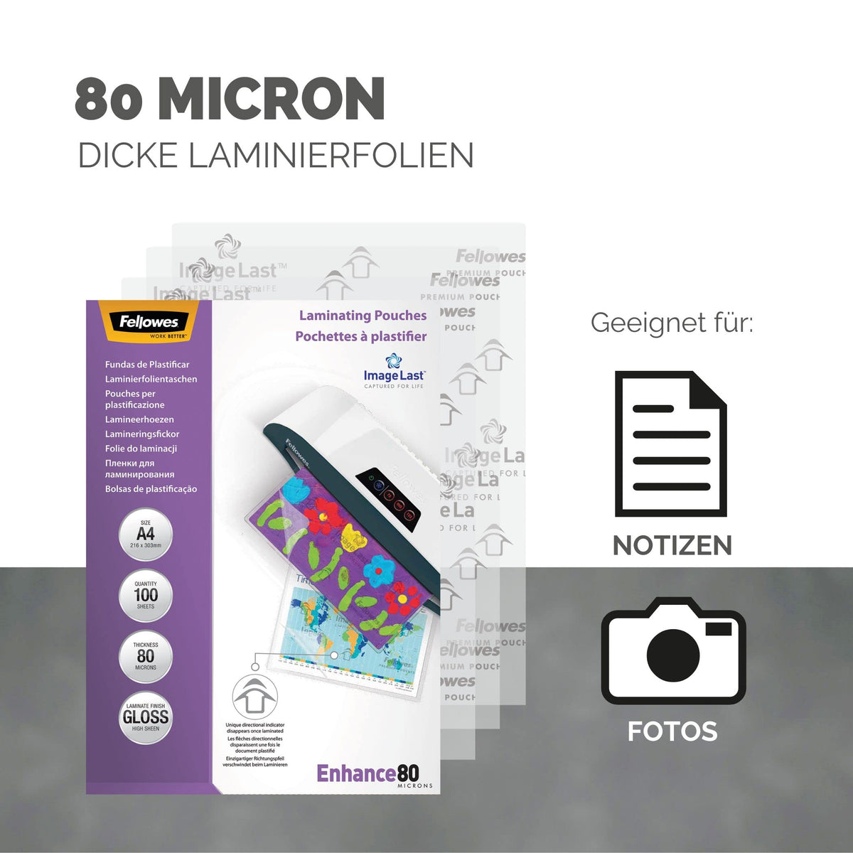 Fellowes Laminating Sheets A4, glossy, laminating film with 80 mic per side, featuring ImageLast alignment aid, for hot lamination, value pack with 500 high-quality laminating sheets (5 packs of 100 sheets each). - 5306127