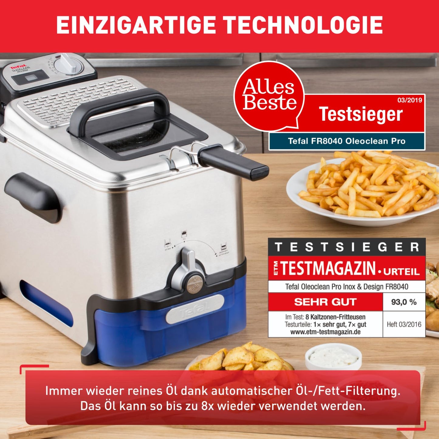 Tefal Oleoclean Pro deep fryer 3.5L for crispy fries, 2300W stainless steel deep fryer with oil filtering, removable oil container 1.2kg, timer & thermostat, dishwasher safe, black/stainless steel - SERIE