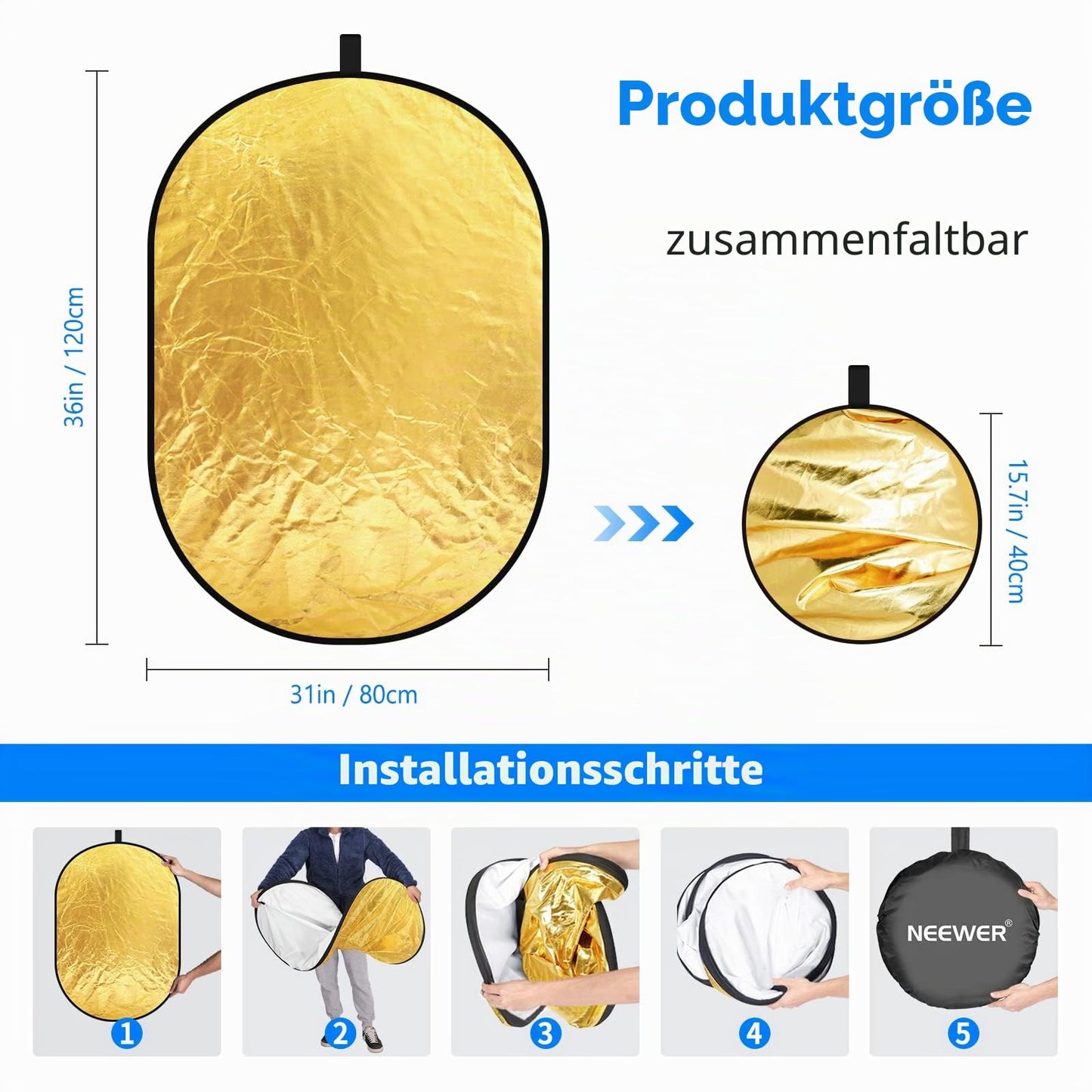 NEEWER 5 in 1 Reflector 31"x47"/80x120cm Light Reflector for Photography, Portable Foldable Multi Disc with Bag - Translucent, Silver, Gold, Black, White Diffuser for Studio and Outdoor Lighting - 10071555