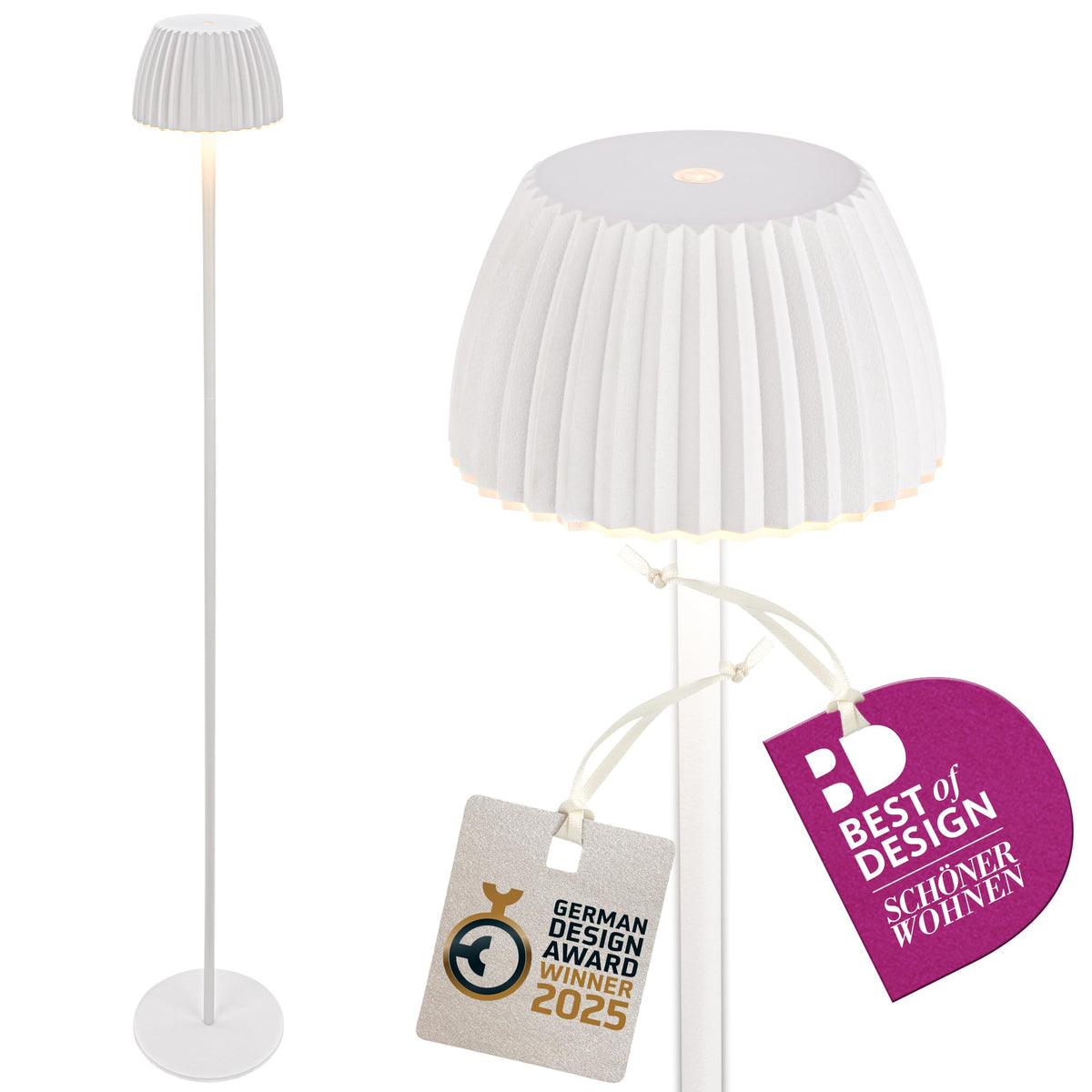 BRILONER - Riffle LED Floor Lamp Wireless IP44 with Touch, Dimmable, Memory Function, Replaceable Battery, Floor Reading Lamp, Living Room Lamp, German Design Award Winner 2025, 19x124 cm, White - 1238016