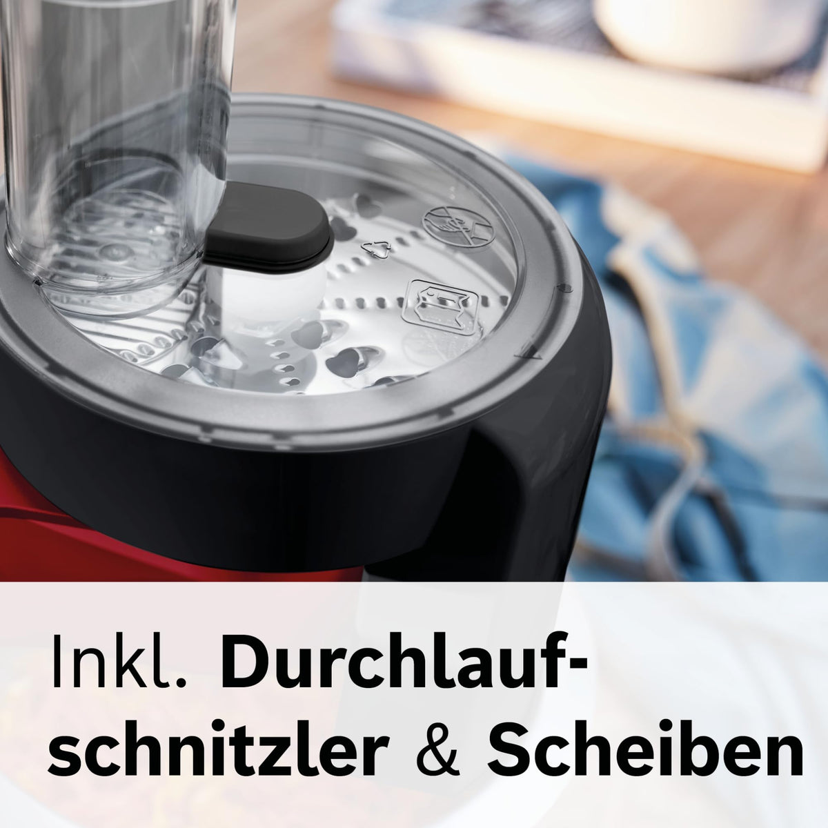 Bosch Kitchen Machine Series 2, compact kitchen machine, stainless steel bowl 3.8 L, kneading hook, stainless steel whisk and mixing beater, continuous slicer, 3 discs, 700 W, red, MUMS2ER01