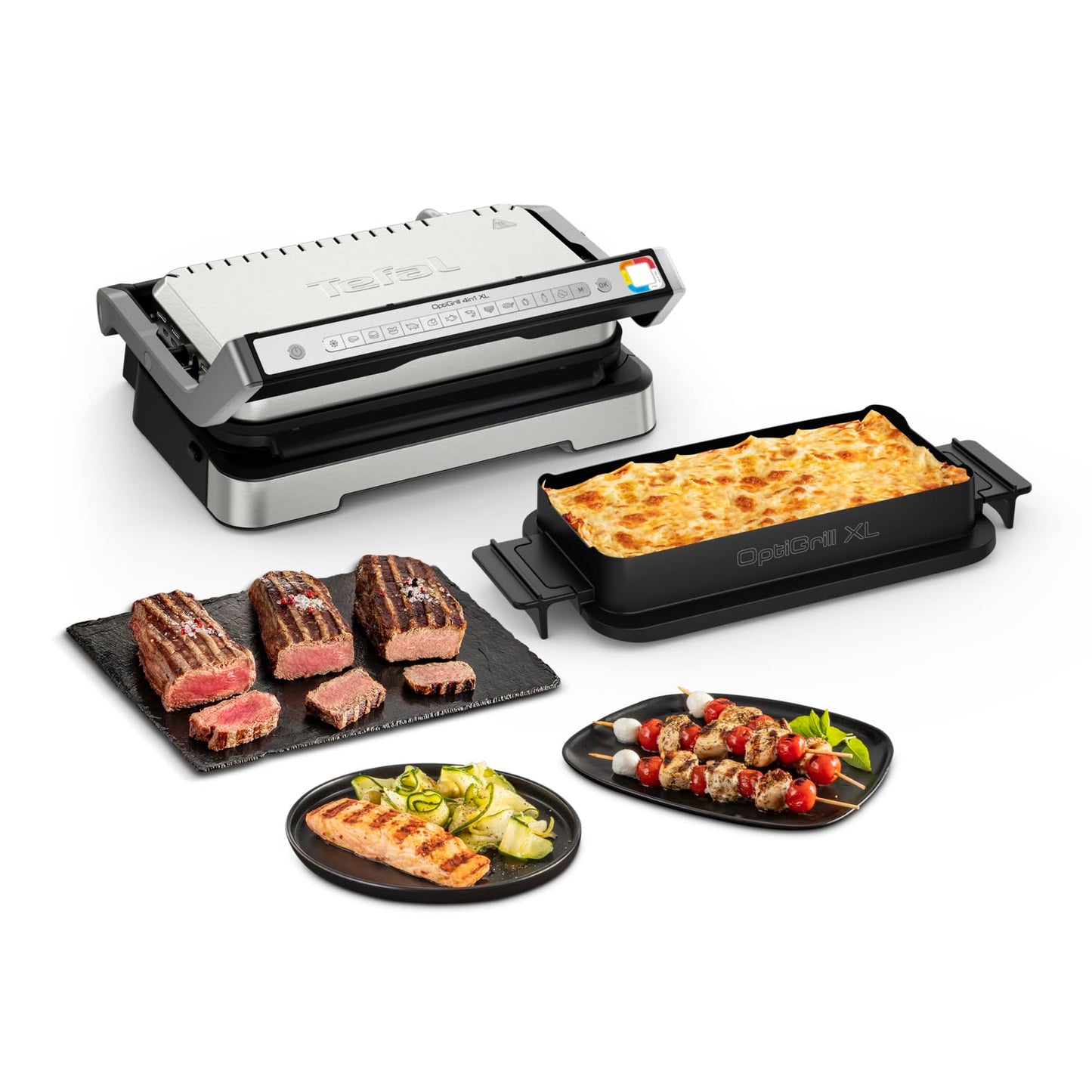 Tefal OptiGrill 4in1 XL contact grill with baking tray, foldable, table grill, 12 programs, cooking level display, electric grill, oven, GC784D10