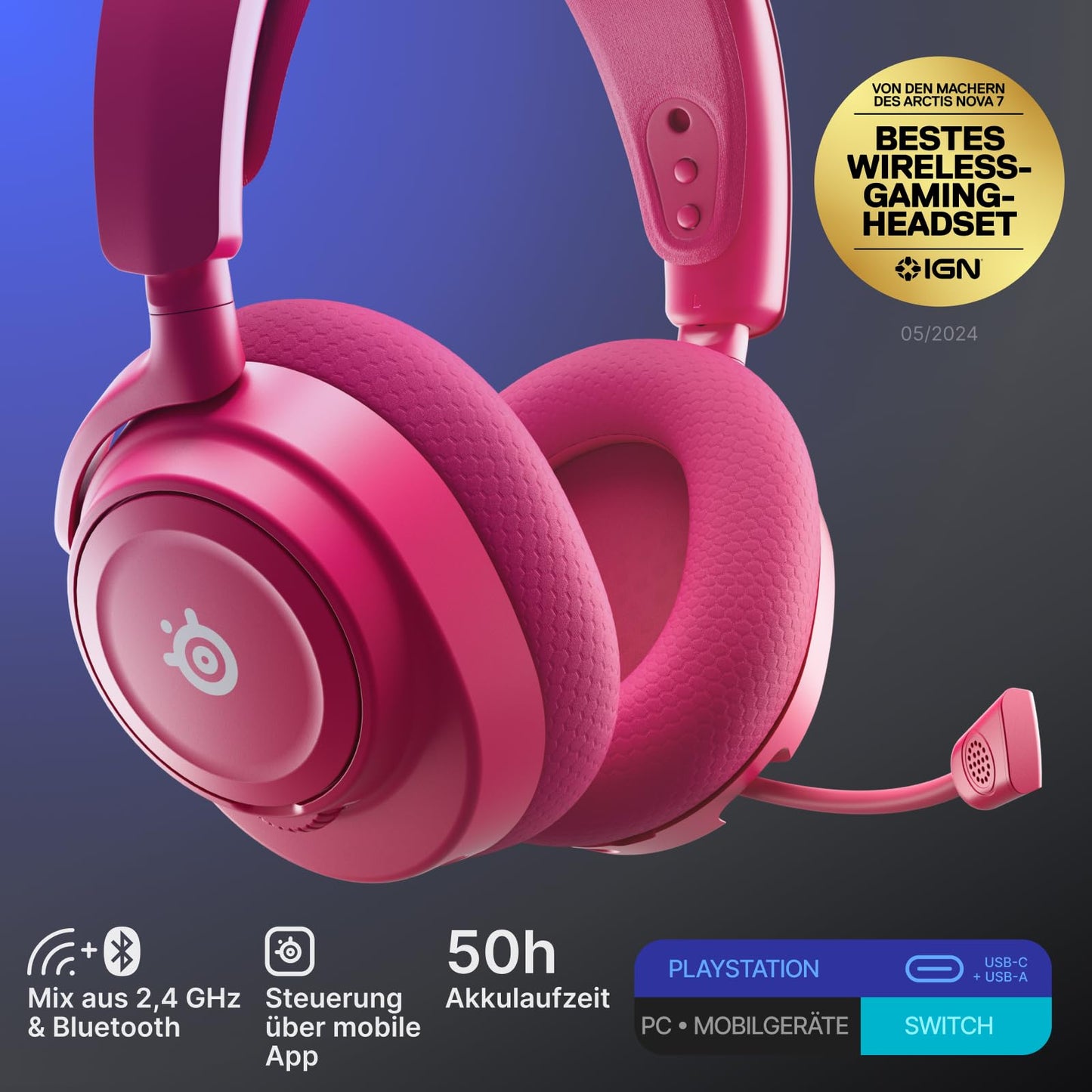 SteelSeries Arctis Nova 7P Wireless Gen 2 - PS5 Headset - Gaming Headset Wireless - App Control - Over 50 Hours Battery & Quick Charge Function - 2.4 GHz + Bluetooth - For PlayStation, PC & More - Magenta - 61746