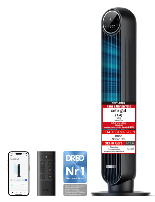 DREO Smart Quiet Tower Fan, APP & Voice Control, 90° Oscillating Fan with Remote Control, 4 Modes, 4 Speeds, 8 Hour Timer, Nomad One S, Black - DR-HTF007S