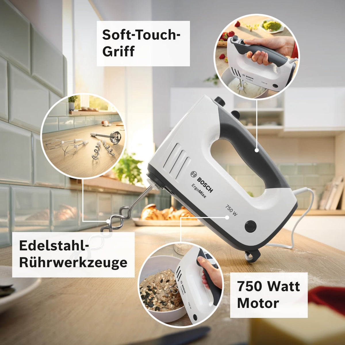 Dispozitiv de mixare Bosch, cu blender, pahar de mixare, mixer din oțel inoxidabil, cârlige pentru frământat, lavabil în mașina de spălat vase, 5 trepte plus buton turbo, alb/gri, 750 W, ErgoMixx MFQ37470