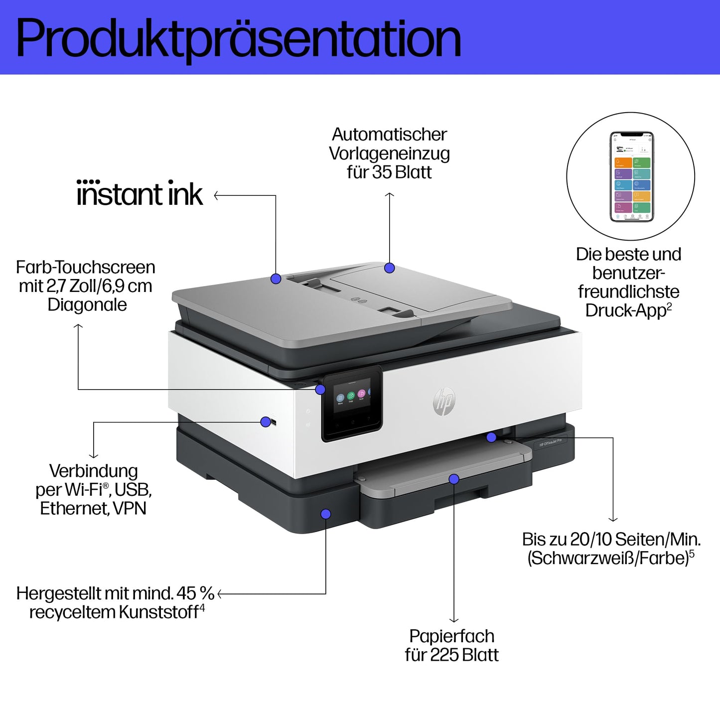 HP OfficeJet Pro 8132e multifunction printer, 6 months free printing Instant Ink included, printer, scanner, copier, fax, WLAN, LAN, duplex, ePrint, Airprint, Basalt - 40Q45B#629