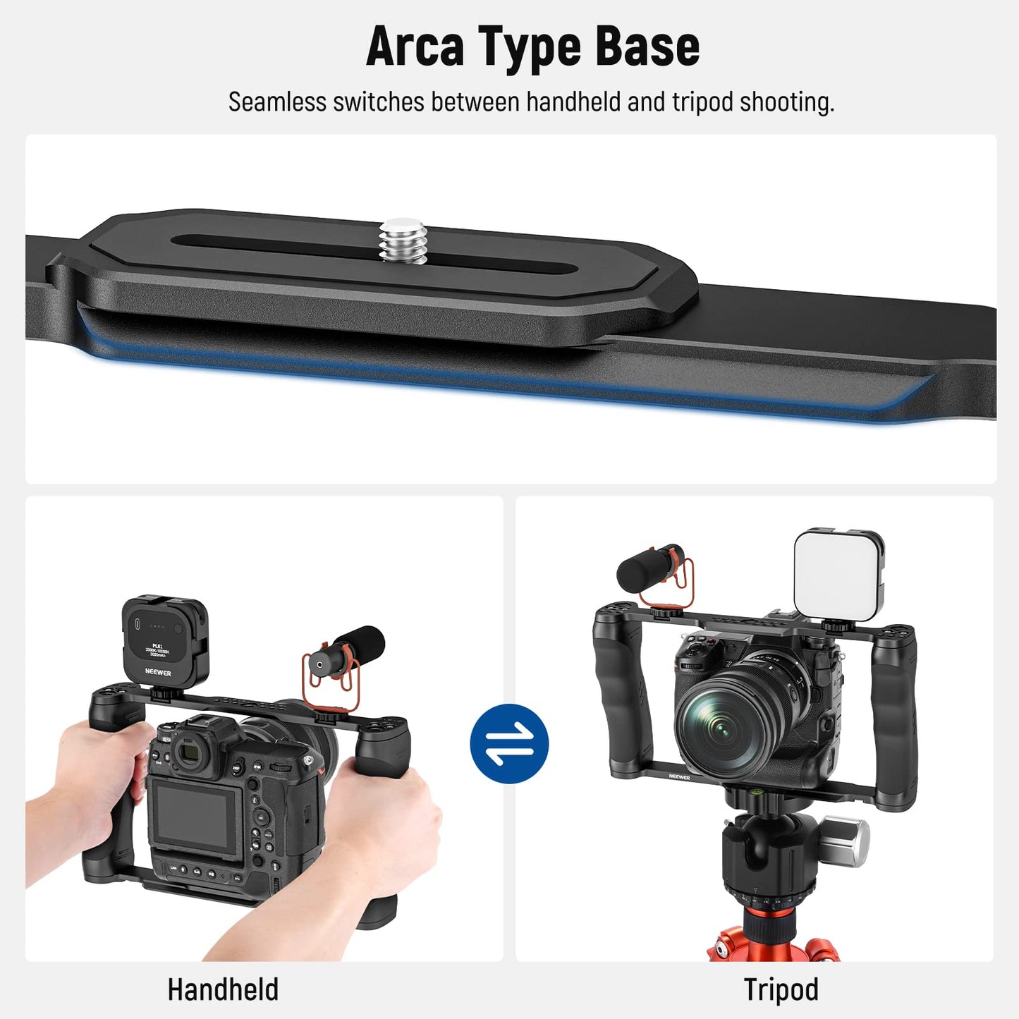 NEEWER video camera cage rig with Arca base, double handles, 3/8" ARRI mount & 1/4" thread, cold shoes, universal stabilizer compatible with SmallRig NEEWER base plate 15mm rods, CA016