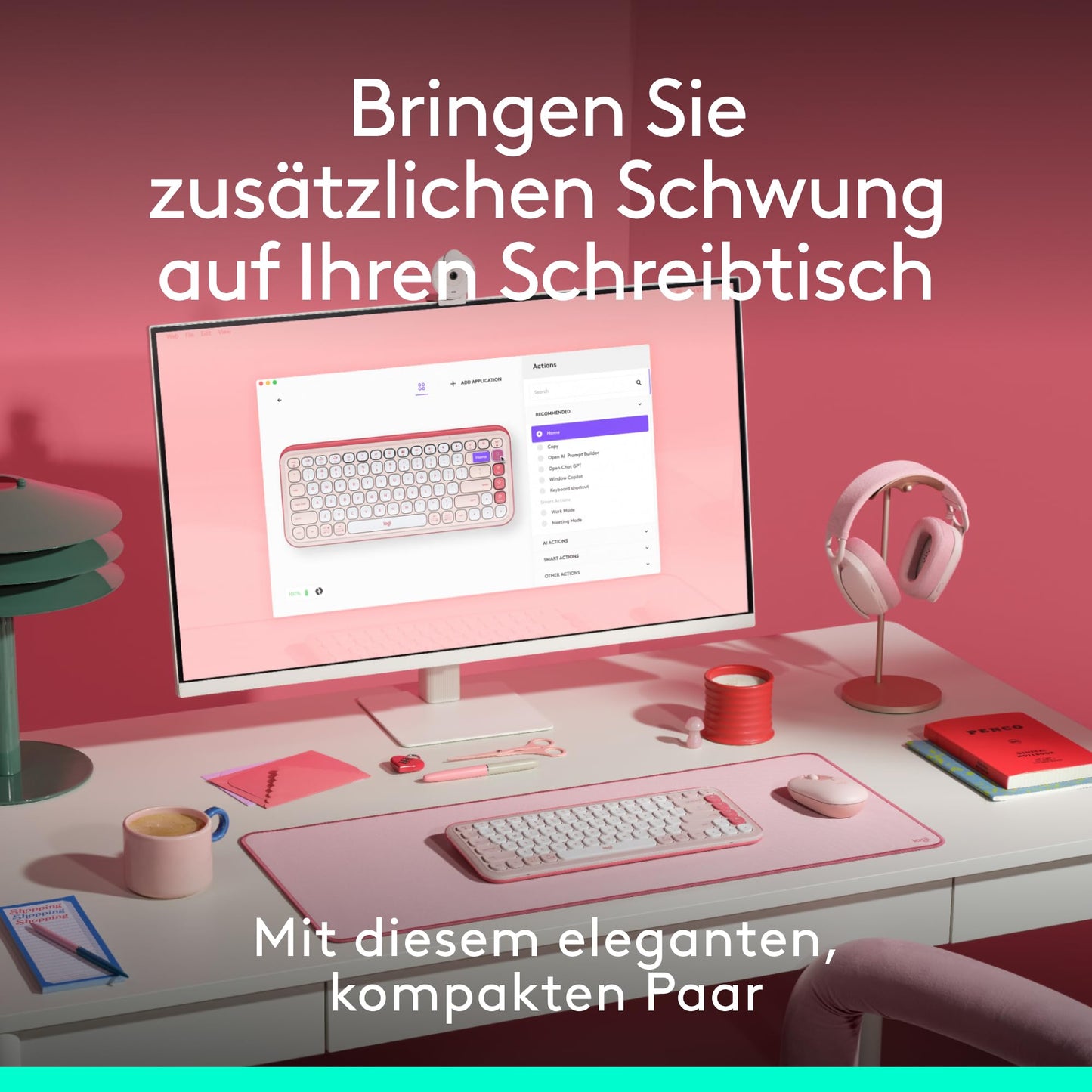 Logitech POP ICON Combo, Bluetooth Keyboard Mouse Set, Comfortable Typing, Programmable Buttons, Quiet Clicks, Easy Switch for up to 3 Devices - Pink - 920-013108