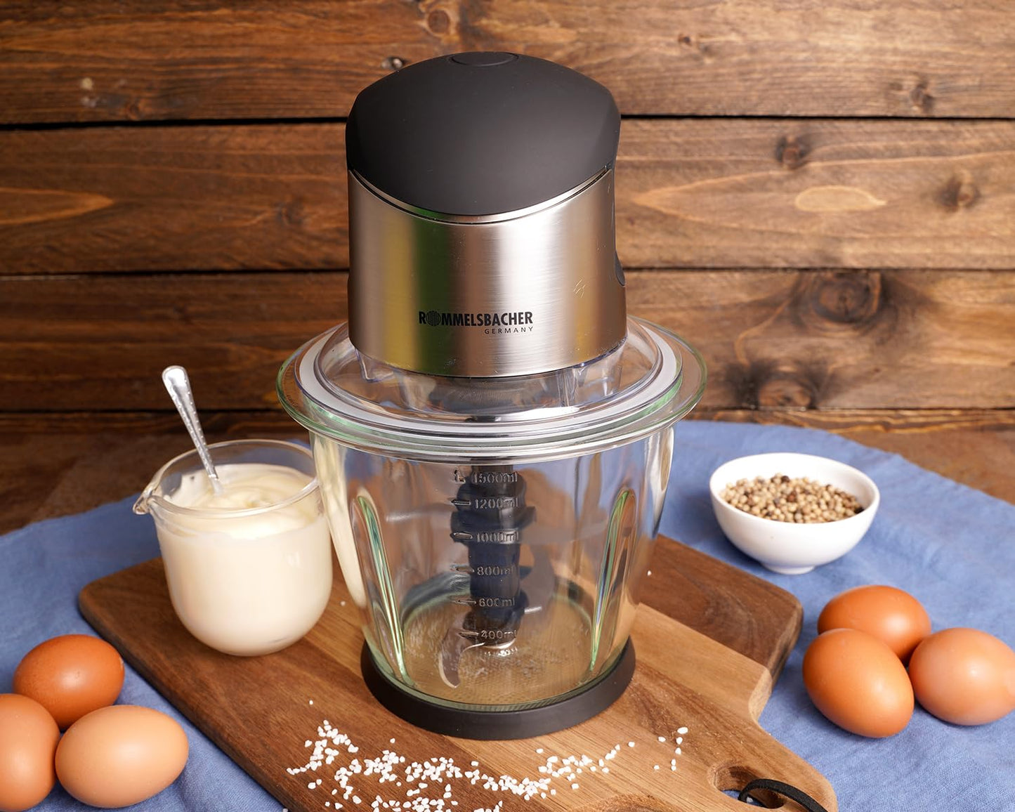 ROMMELSBACHER Multi Chopper MZ 500 - powerful motor, 4-blade special blade made of stainless steel, 1.5 liter glass container, black/brushed chrome, 500 watts