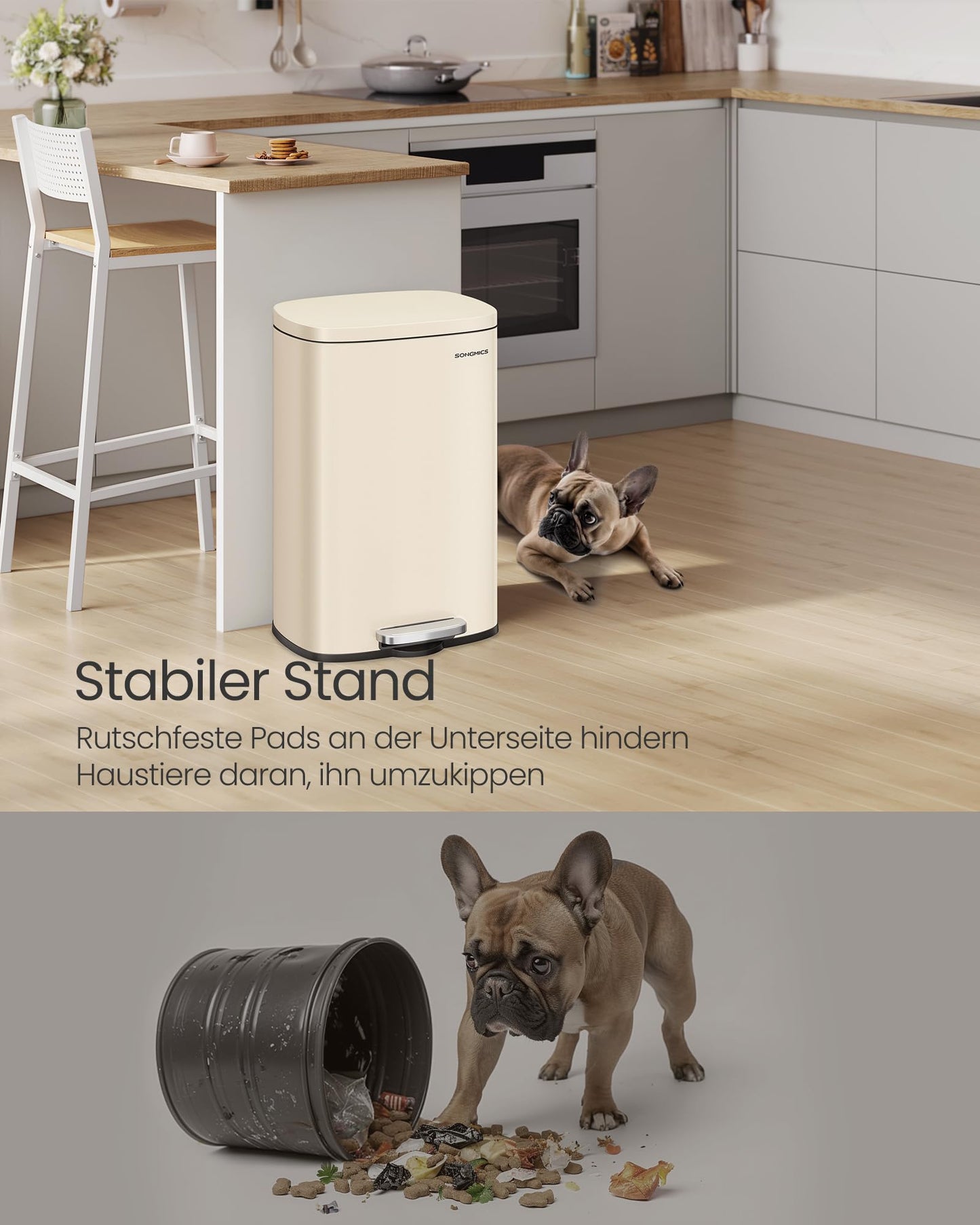 SONGMICS kitchen rubbish bin, 50 liters, waste bin, pedal bin, with lid, soft close, foot pedal, steel, inner bin, sand beige LTB050A02