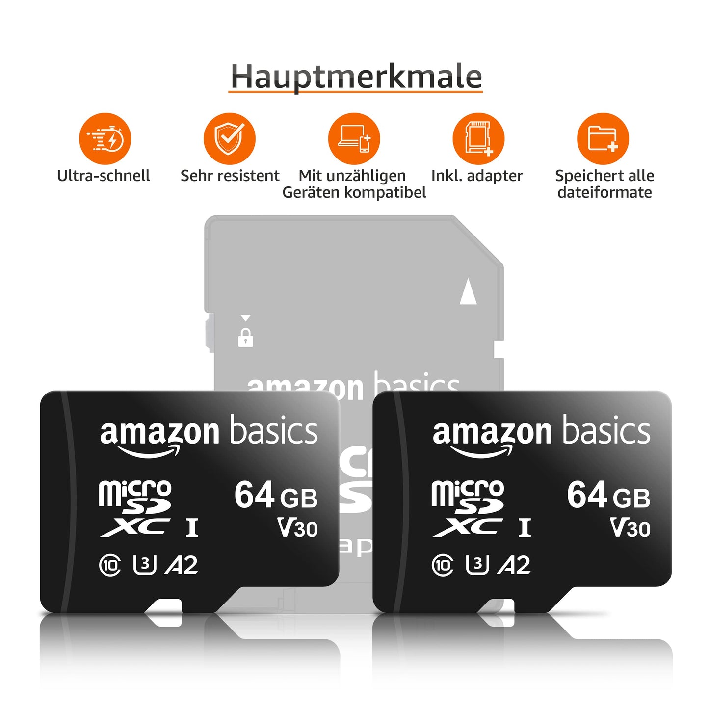 Amazon Basics microSDXC Memory Card with Full Size Adapter A2 U3 Read Speed up to 100MB/s 64GB Black (2 Pack) - LSMICRO64GU3D