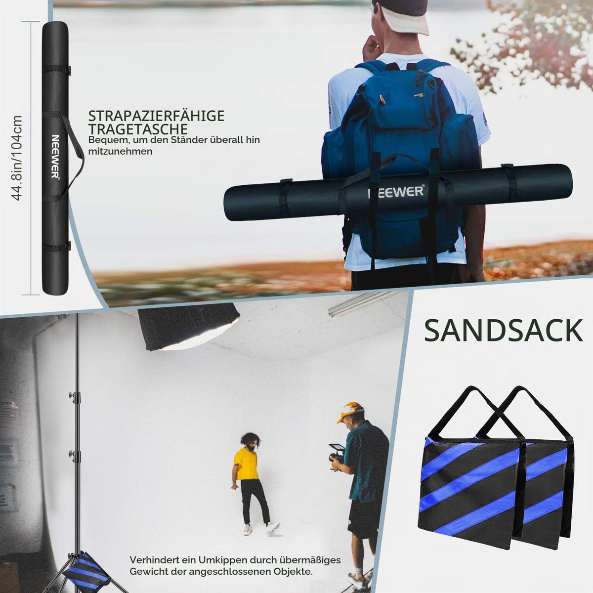 Neewer Light Tripod 3 Meter Pro Heavy Duty Spring Loaded All Metal Locking Rings Set of 2 with Carry Bags and Sandbags for Photo and Video Photography HTC Vive etc (Black) - 10095788