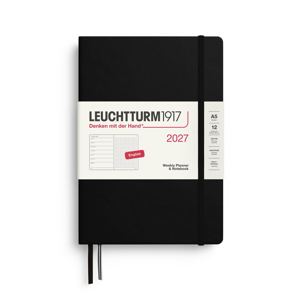 LEUCHTTURM1917 calendar săptămânal 2027 punctat mediu (A5) cu caiet, punctat - planificator de întâlniri engleză, negru, cartonat, 145 x 210 mm, ianuarie-decembrie 2027, prezentare săptămânală în stânga + pagina de note în dreapta - 400257