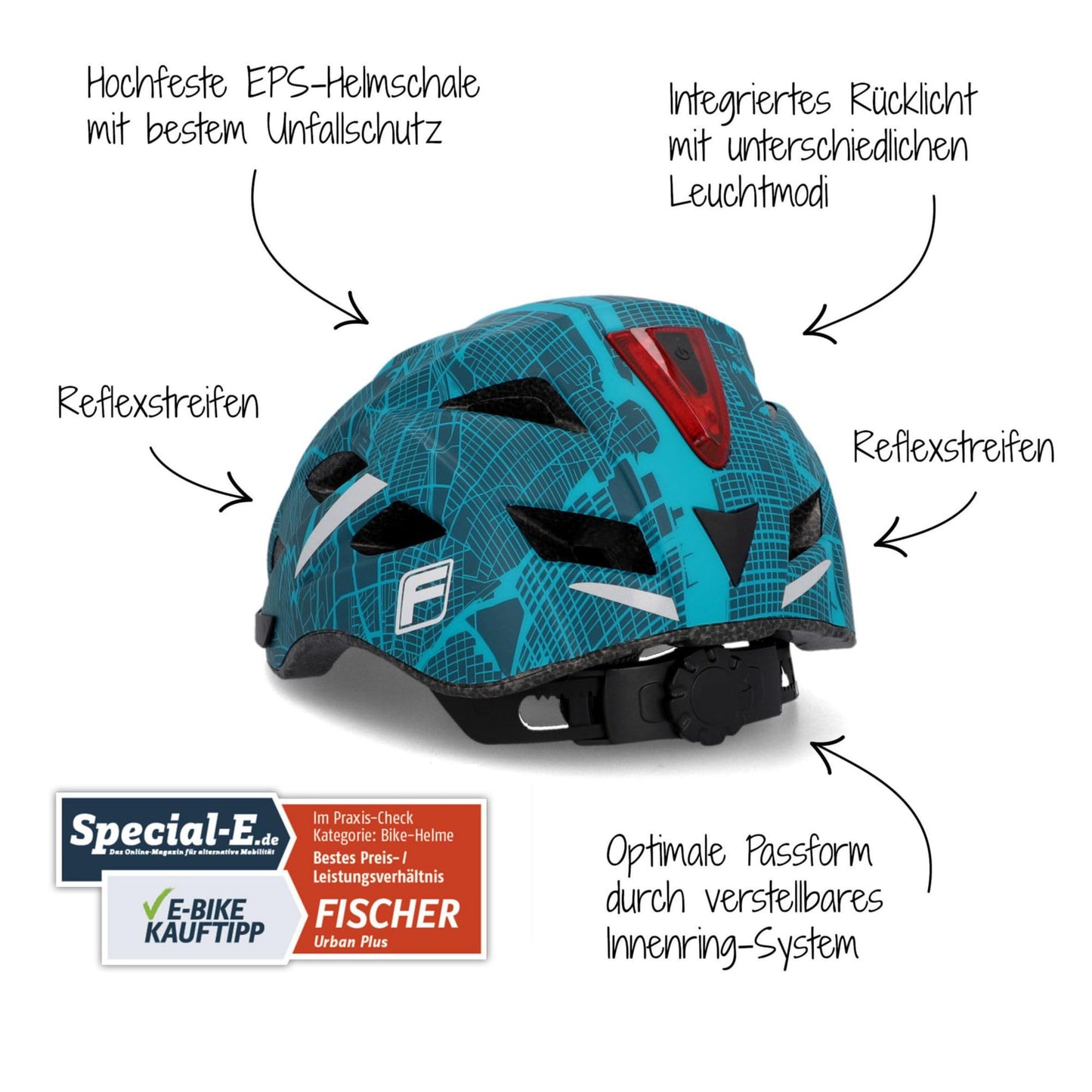 Fischer adult bicycle helmet, cycling helmet, city helmet Urban Plus NY, S/M, 52-59cm, blue, with integrated LED rear light - 50448