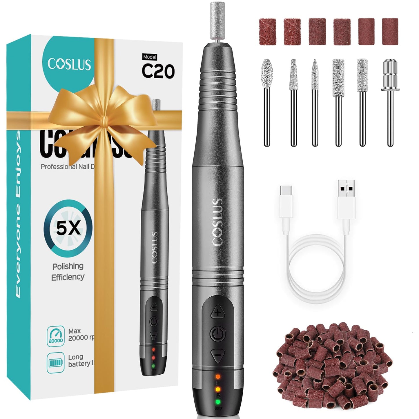 COSLUS C20 Wireless Electric Nail Cutter, Professional 11 in 1 Set - C20(BK-A08)