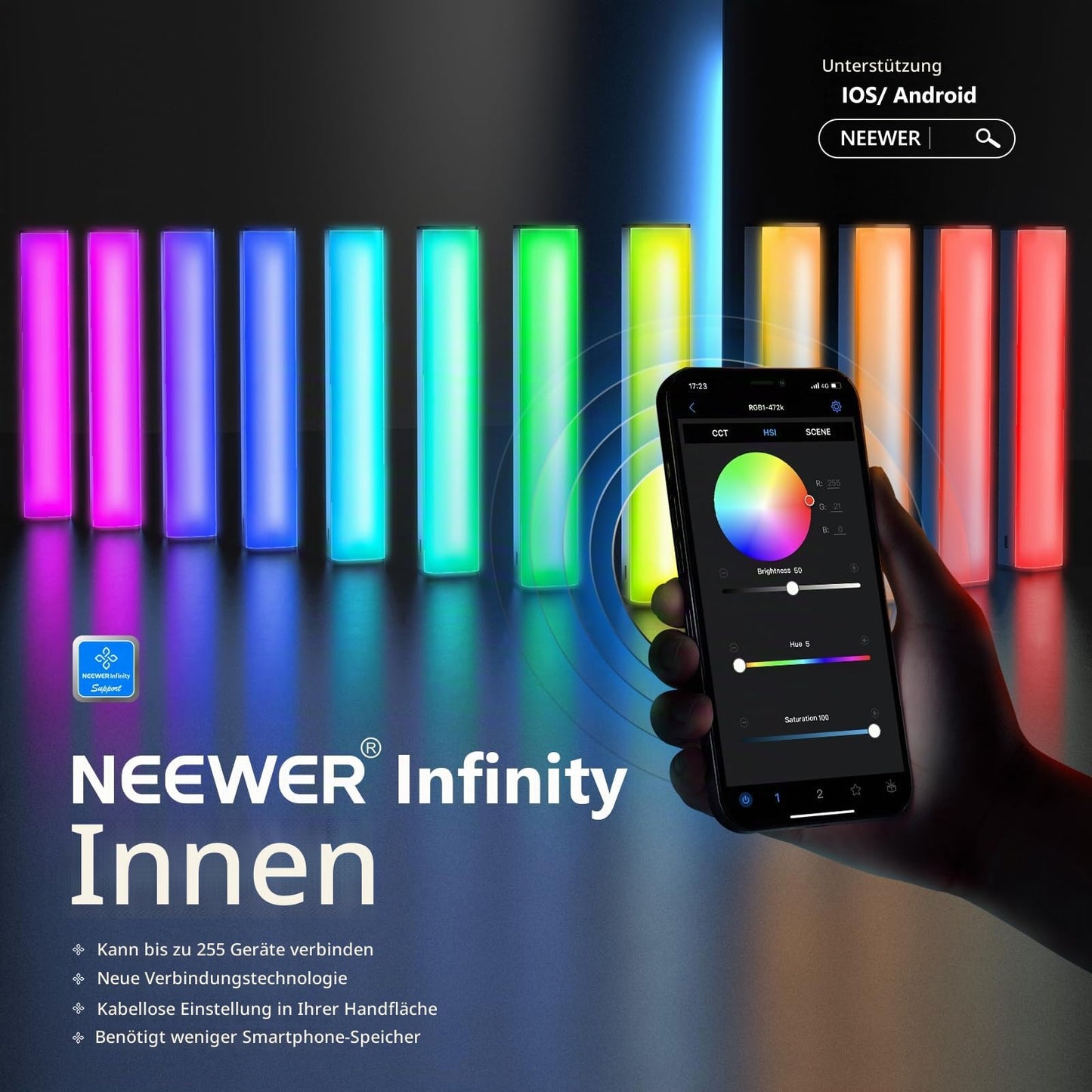 NEEWER LED video light RGB light stick, touch bar & APP control, magnetic RGB hand light stick, 3200K~5600K CRI98+ full-color LED light with 6400mAh battery, LED light stick with 17 scenes, RGB1 (silver)