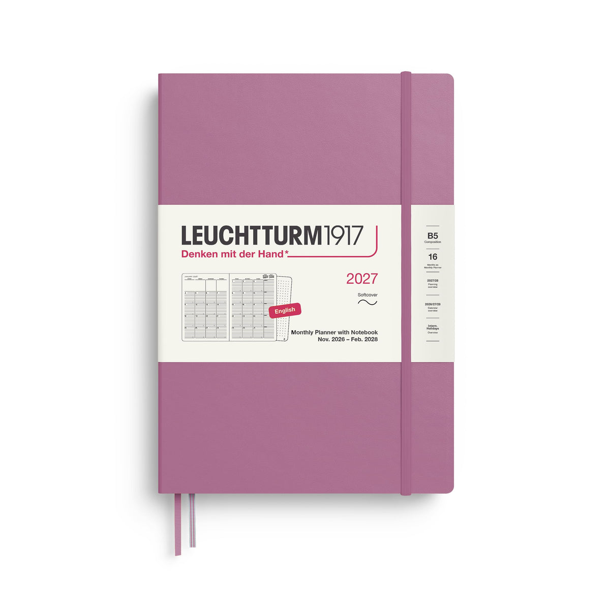 LEUCHTTURM1917 planificator lunar cu caiet 2027 Compoziție (B5) - engleză, Dusty Rose, copertă moale, 16 luni (01.11.2026-28.02.2028), 132 pagini de note punctate cu cuprins - 400338