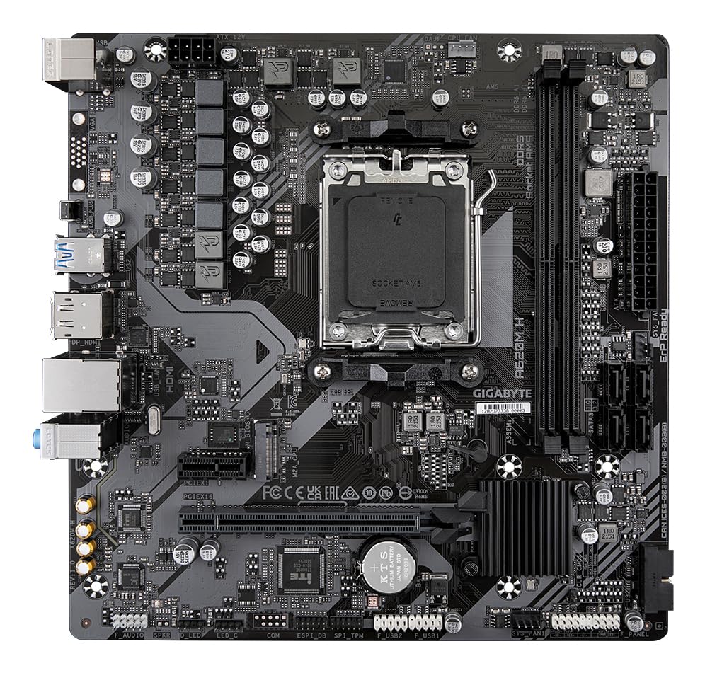 Placa de bază GIGABYTE A620M H - Suportă procesoare AMD Ryzen 8000, VRM digital cu 5+2+2 faze, până la 7200MHz DDR5 (OC), 1xPCIe 4.0 M.2, GbE LAN, USB 3.2 Gen 1